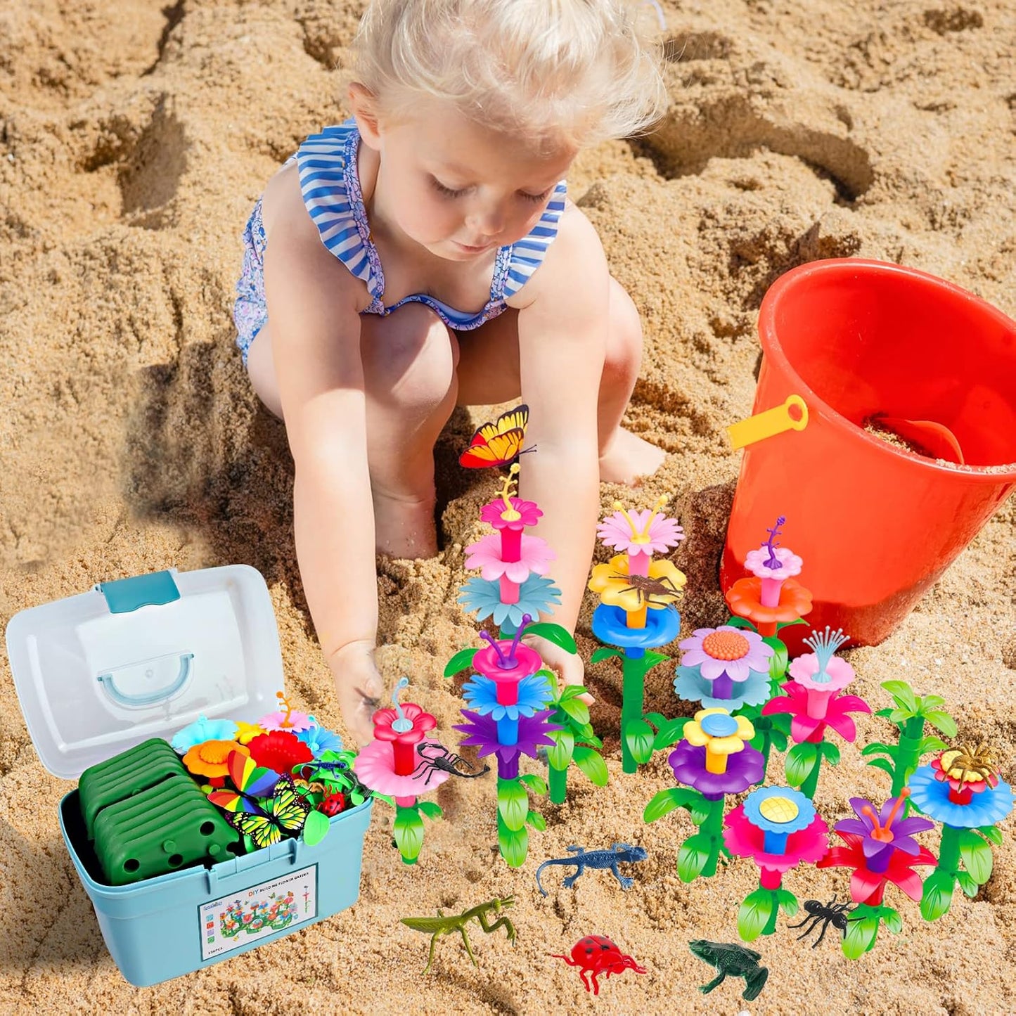 HotBirthday Toys Gifts for 2 3 4 5 6 Years Old Toddler Girls Boys, 156 PCS Insect Flower Garden Building Educational STEM Learning Pretend Play Gardening Set, Birthday Gifts for Preschool Kids Age 2+
