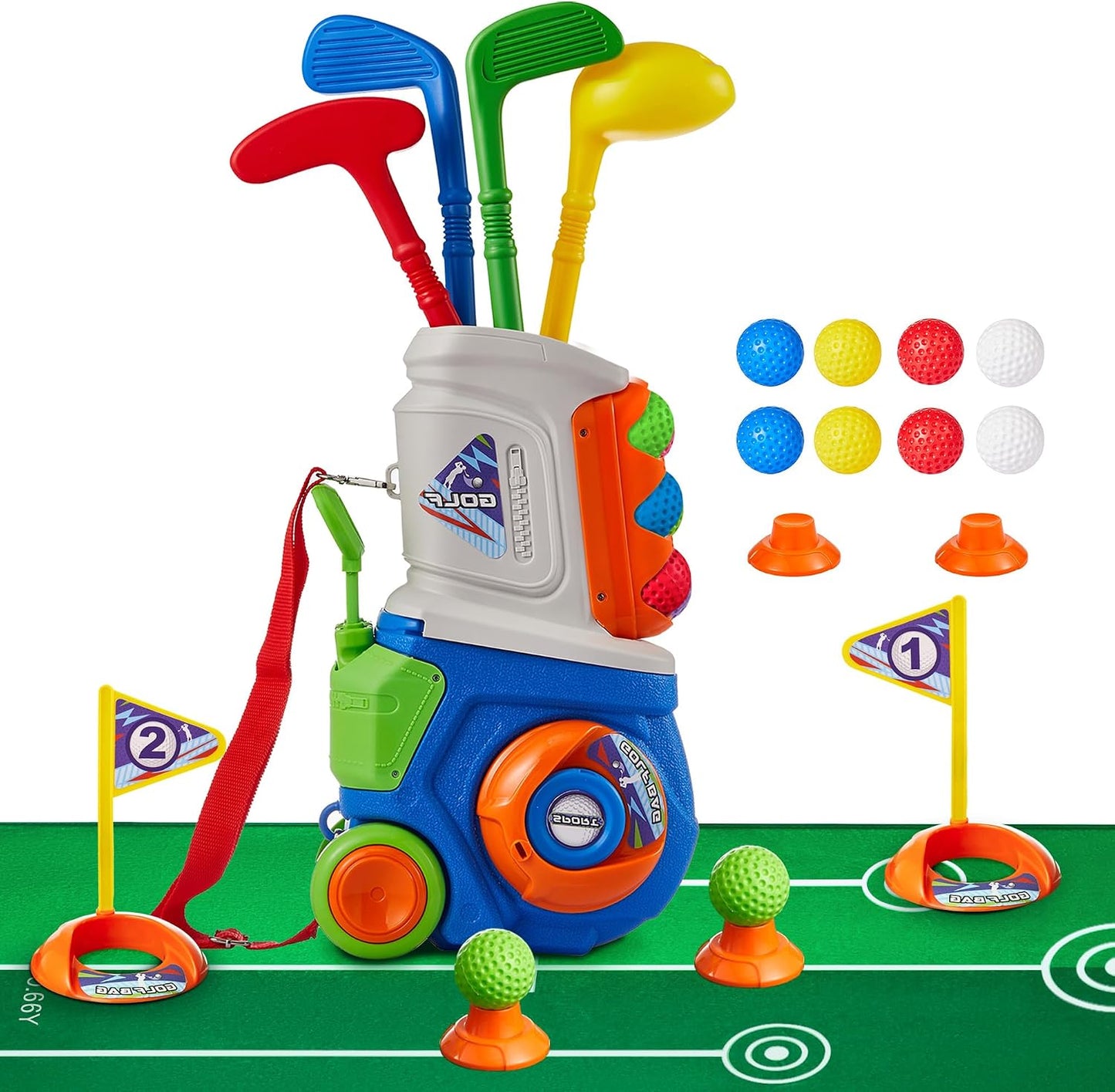 HotPJG Toddler Golf Set, Plastic Kids Golf Clubs Ages 1 2 3 4 Years Old with 4 Golf Clubs and 10 Balls, Indoor and Outdoor Golf Toys with Cart for Toddlers Boys and Girls Birthday Gift (Blue)