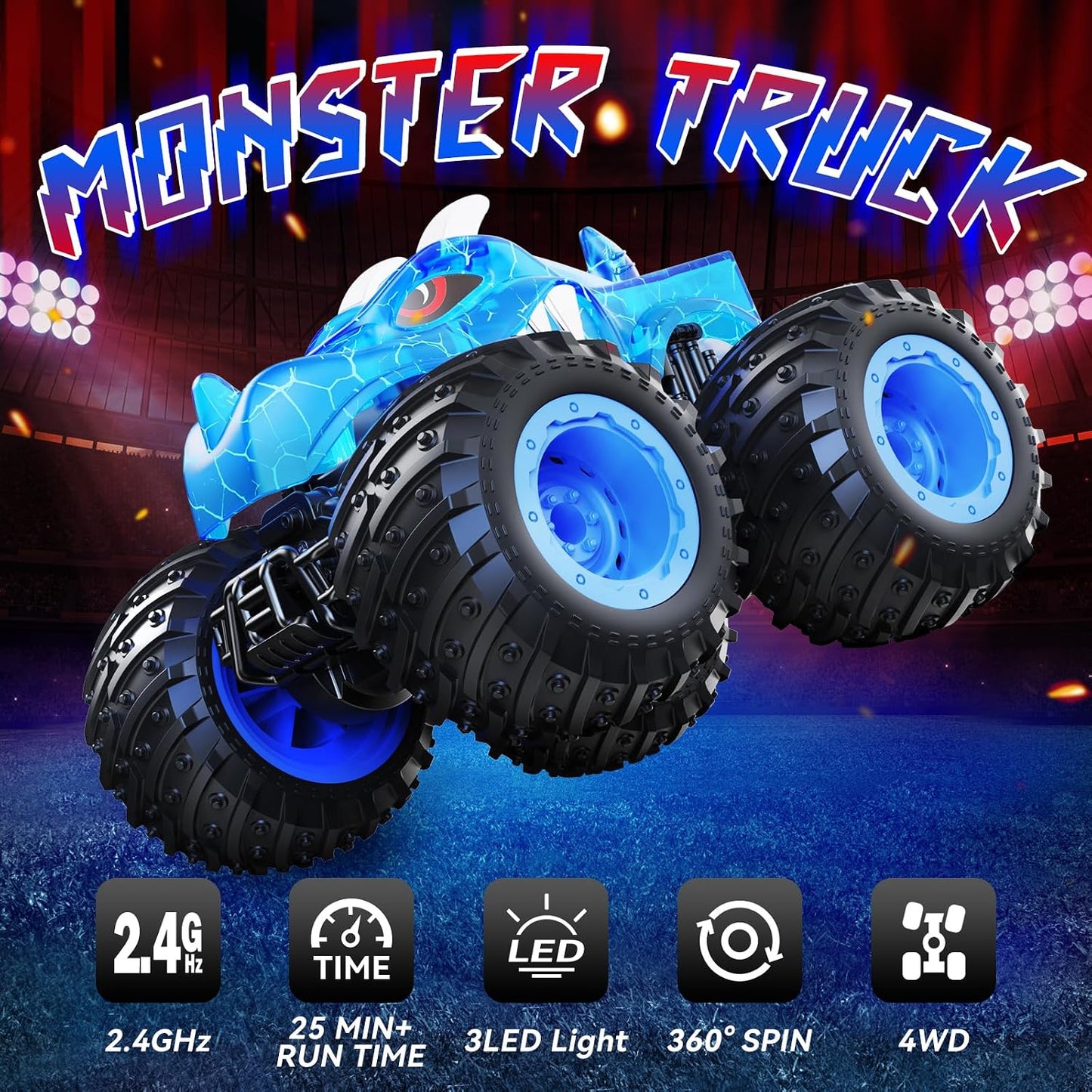 Hot AUUGUU Remote Control Car, 2.4GHz Monster Trucks Toys with Light Spray, Birthday Gift for Kids 3 4 5 6 7 8, All Terrain RC Cars, Toddler Toys for Boys Girls 3+ Year Old