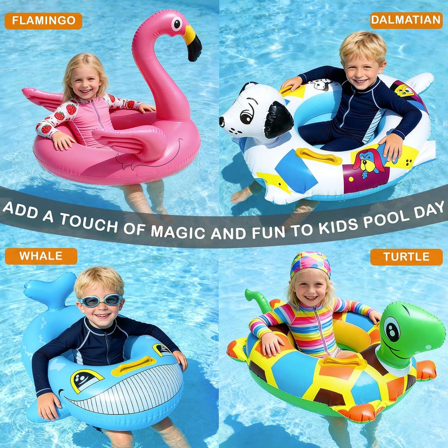 Hot 4 Pack Inflatable Pool Floats for Toddler Age 3-7 Animal Swim Tube Rings for Kids Infant Baby Ride on Beach Floaties with Safety Seat&Handle for Summer Lake Pool (Flamingo, Turtle, Whale, Dalmatian)