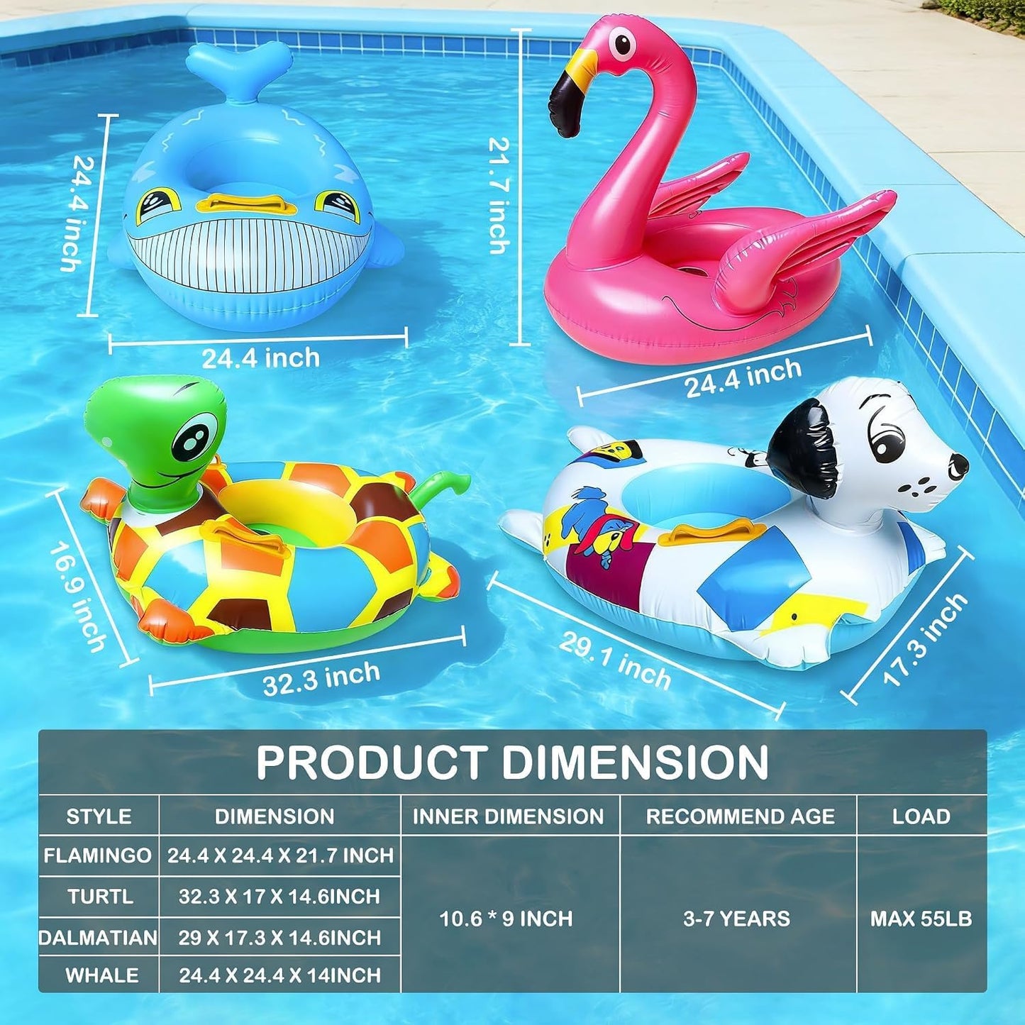 Hot 4 Pack Inflatable Pool Floats for Toddler Age 3-7 Animal Swim Tube Rings for Kids Infant Baby Ride on Beach Floaties with Safety Seat&Handle for Summer Lake Pool (Flamingo, Turtle, Whale, Dalmatian)