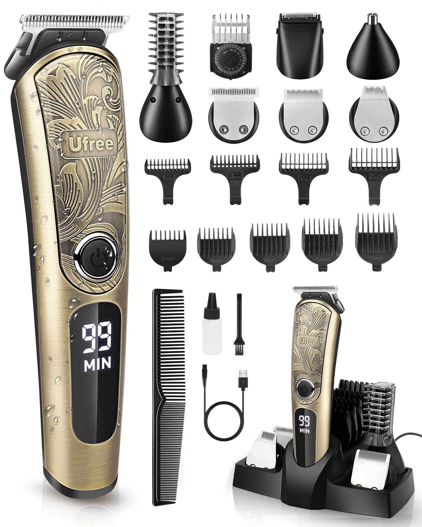 HotUfree Beard Trimmer for Men, Waterproof Electric Razor, Grooming Kit | Stainless steel blades, six interchangeable heads, wet and dry use, USB rechargeable, for face body nose ear trimming, silver