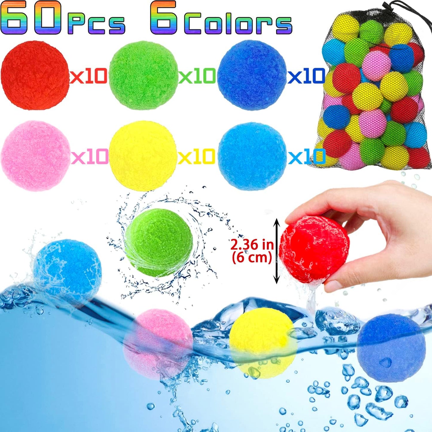 Hot 60pcs Reusable Water Balloons Quick Fill Sponge Balls Beach Pool Toys for Kids Ages 3-5-7 4-8-12 Year old Boys Teens Adults, Easter Summer Outdoor Yard Water Fight Party Games to Play w/Friends Family