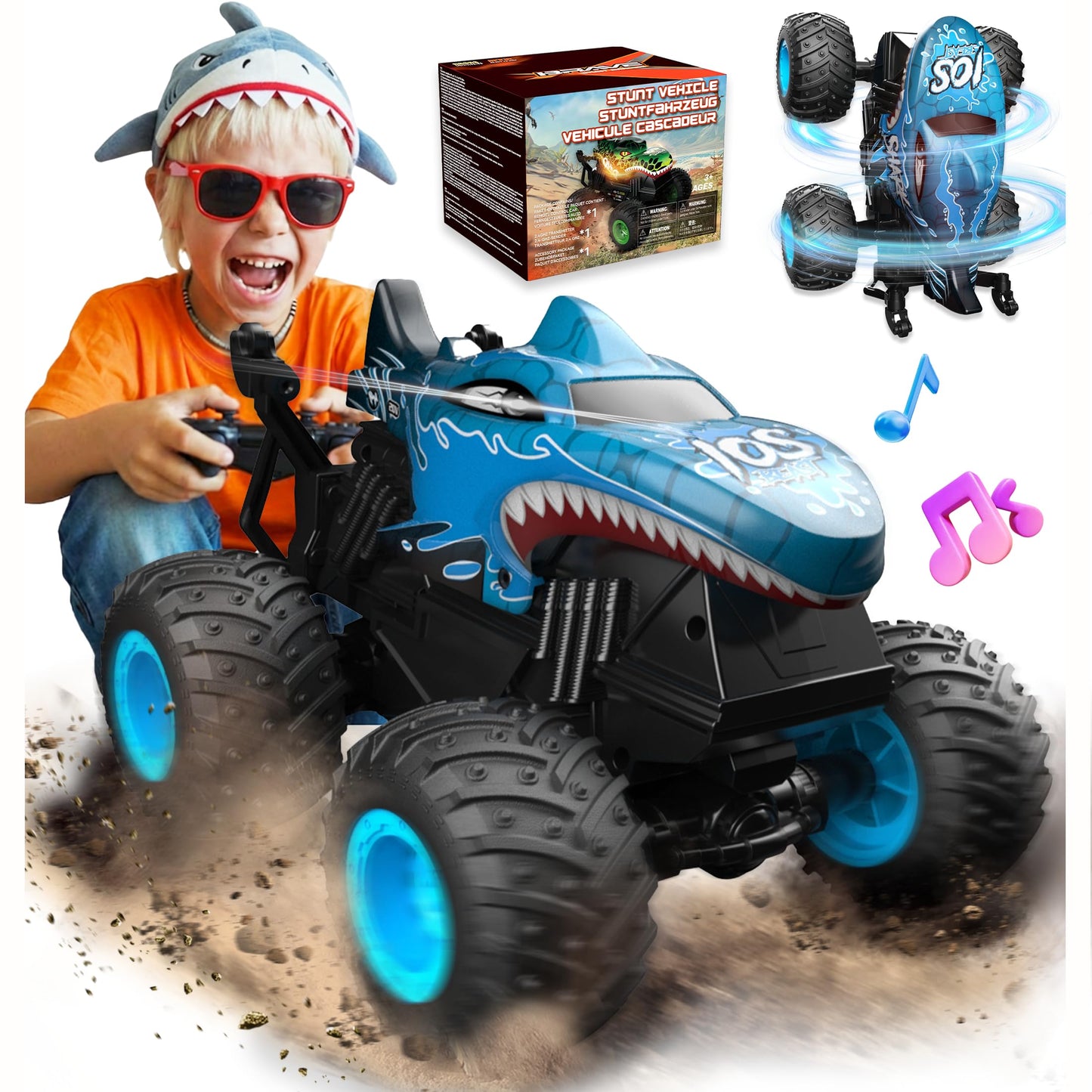 HotBEZGAR Monster Truck Toys - Remote Control Monster Truck with Light & Music, Dinosaur Toys for Kids, 1:20 Scale RC Truck with 360° Spins and Drifting, Remote Control Car for Boys 4-7