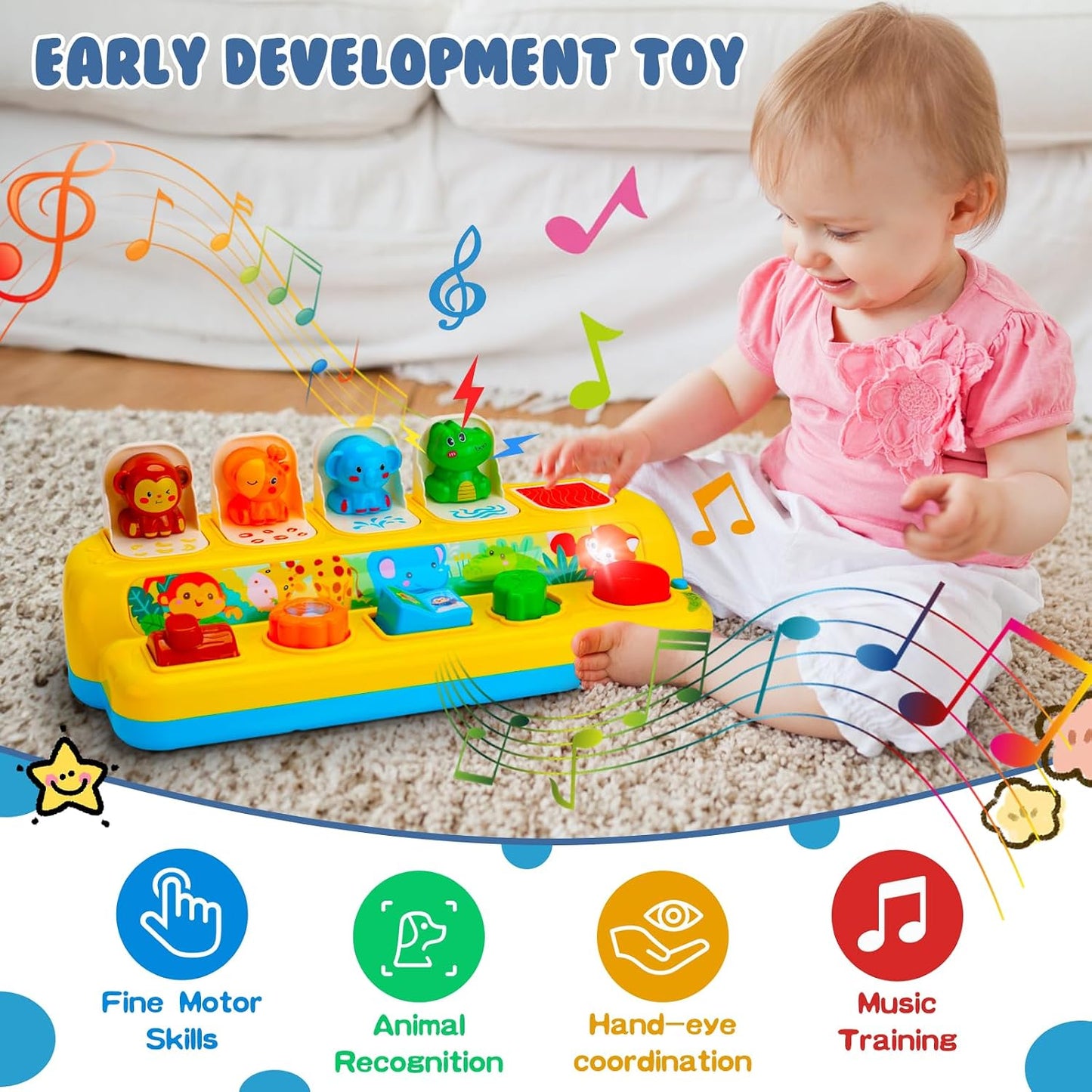 HotInteractive Pop up Animal Toys with Music & Light, Montessori Cause and Effect Toys for 1 Year Old Boy Girl Early Learning Musical Baby Toy 12-18 Months STEM Toddler Toy Age 1-2 Gift for Infant