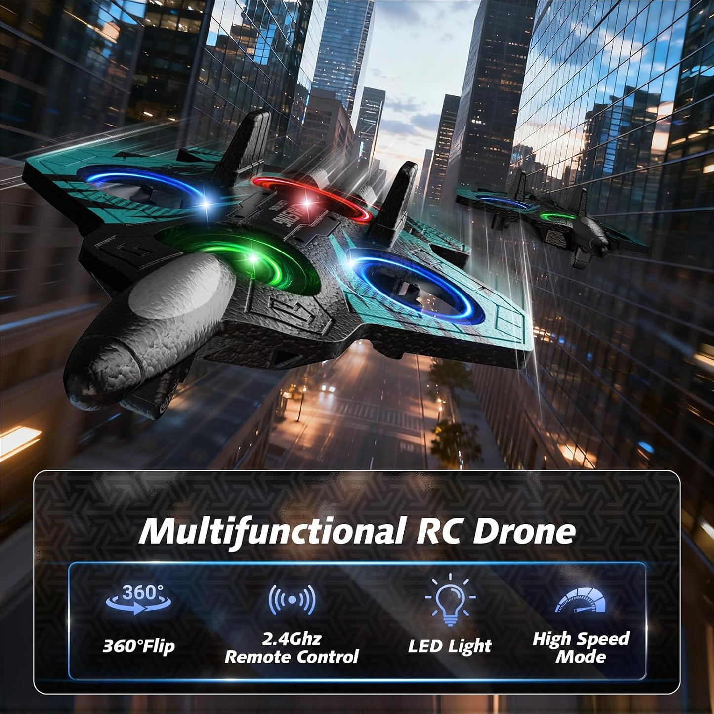 Hot Foam RC Airplane with Cool Led Light, 360° Flip and Headless Mode, Remote Control Airplane RC Plane for Kids Adults Aged 6+, RC Flying Toy for Kids, Birthday Gift - Black Blue