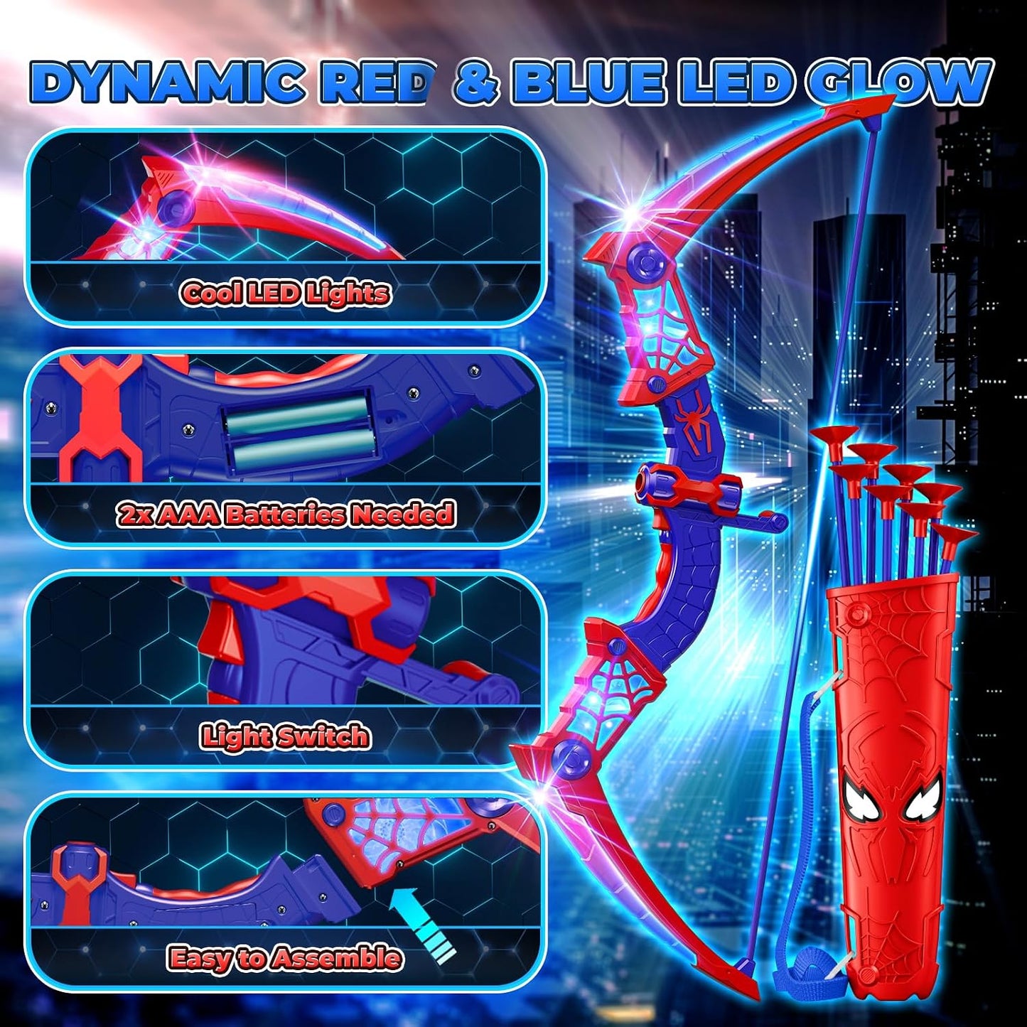 HotSpider Toys for Boys Age 3-4 4-6 6-8 8-12, Kids Toy BowArrow Shooting Set with Red & Blue LED Lights, Spider Quiver & Web Target, 8 Suction Cup Arrows, Toys Gifts for 3 4 5 6 7 8 9 10 12 Year Old Boys