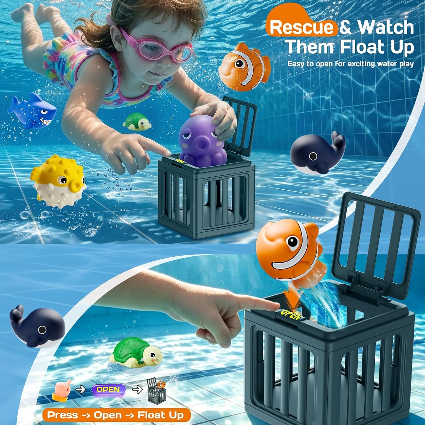 HotTikduck Pool Diving Toys for Kids, Underwater Swim Game Set with 6 Floating Sea Animals & 6 Dive Cages, Summer Water Toys for Pool, Bath & Beach Play, Birthday Gift for Boys Girls Ages 3-12