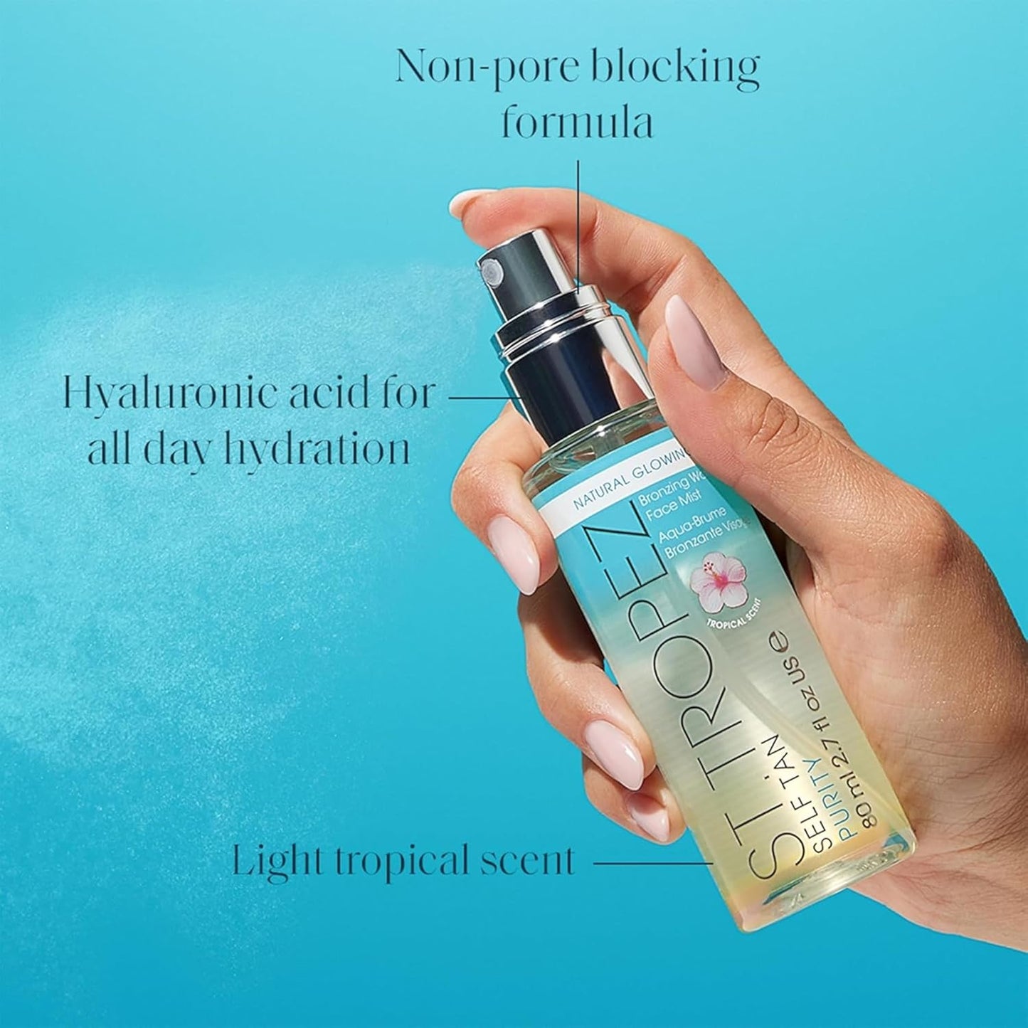 HotSt. Tropez Self Tan Purity Face Mist, Natural Sunkissed Glow Face Tan with Hyaluronic Acid & Antioxidants, Vegan, Natural & Cruelty Free Face Care, 2.7 Fl Oz