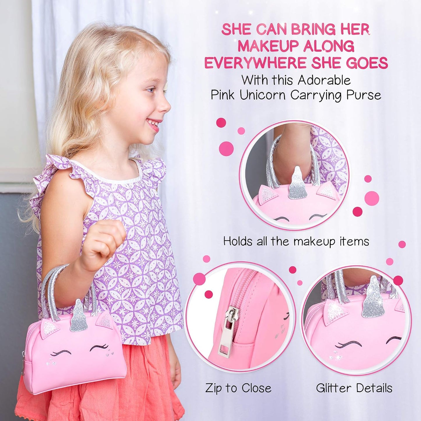 HotKids Real Makeup Kit with Pink Unicorn Purse Non Toxic Washable Make Up Set | Unicorn Toys for Girls Age 4-6, 5 Year Old Girl Birthday Gift Ideas, Toddler Little Girl Gifts 3 4 5 6 7 8 9 10 Years Old