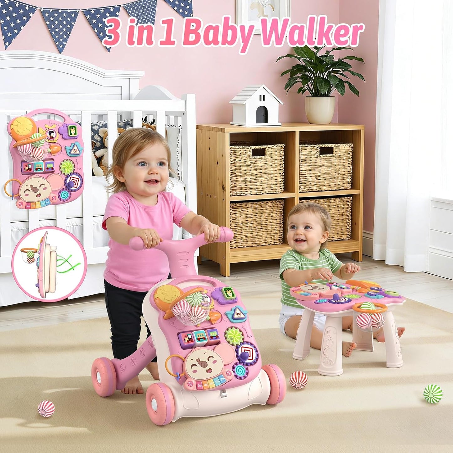 Hot QDRAGON 3 in 1 Baby Walker and Activity Center for Girl, Learning to Walk, Sit to Stand, Early Educational Push Toys with Music Panel for Infant Toddler 12+ Months Pink