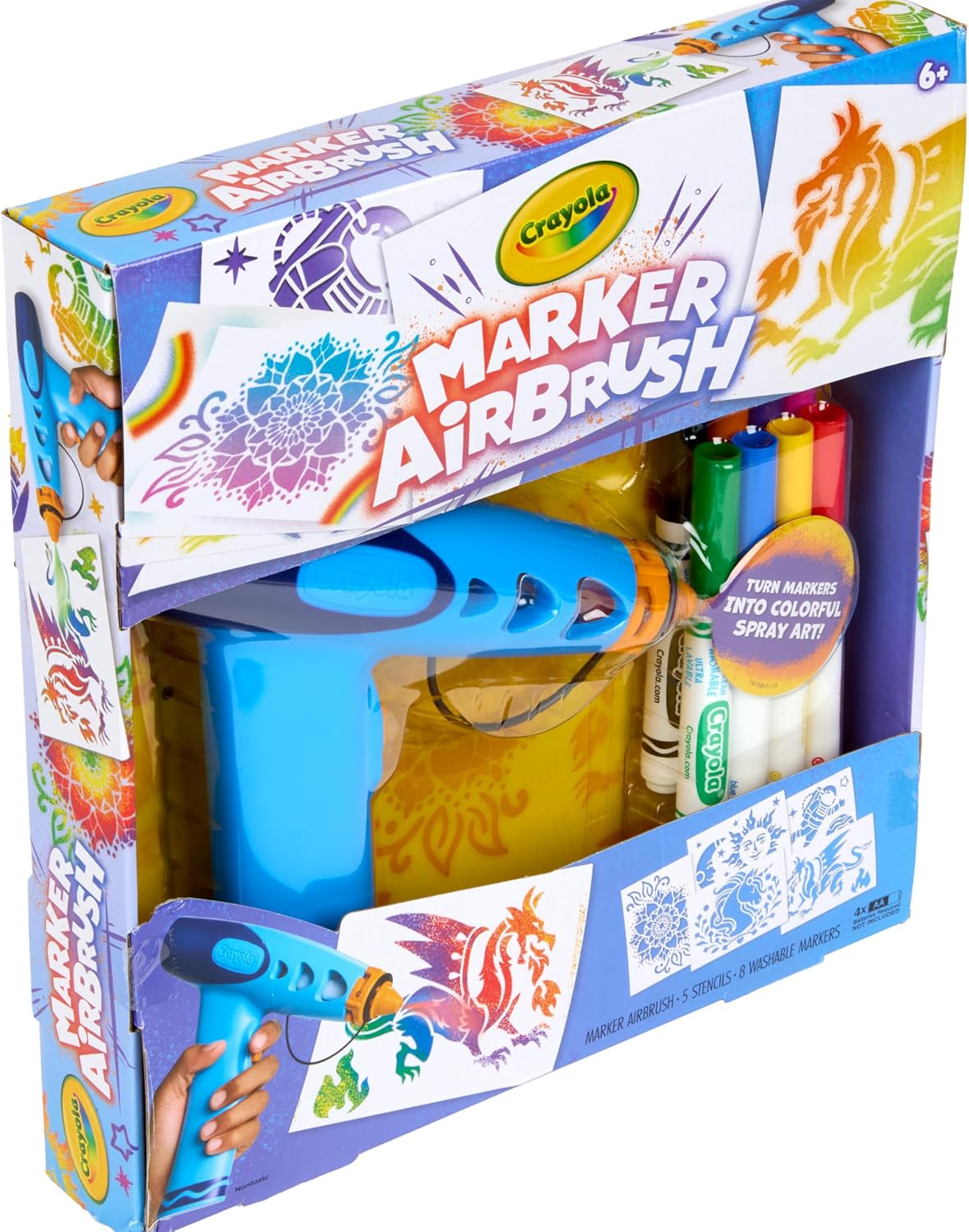 HotCrayola Marker Airbrush Spray Art Kit, Battery-Powered Sprayer with 8 Washable Markers & 5 Stencils, DIY Craft Set, Ages 6+