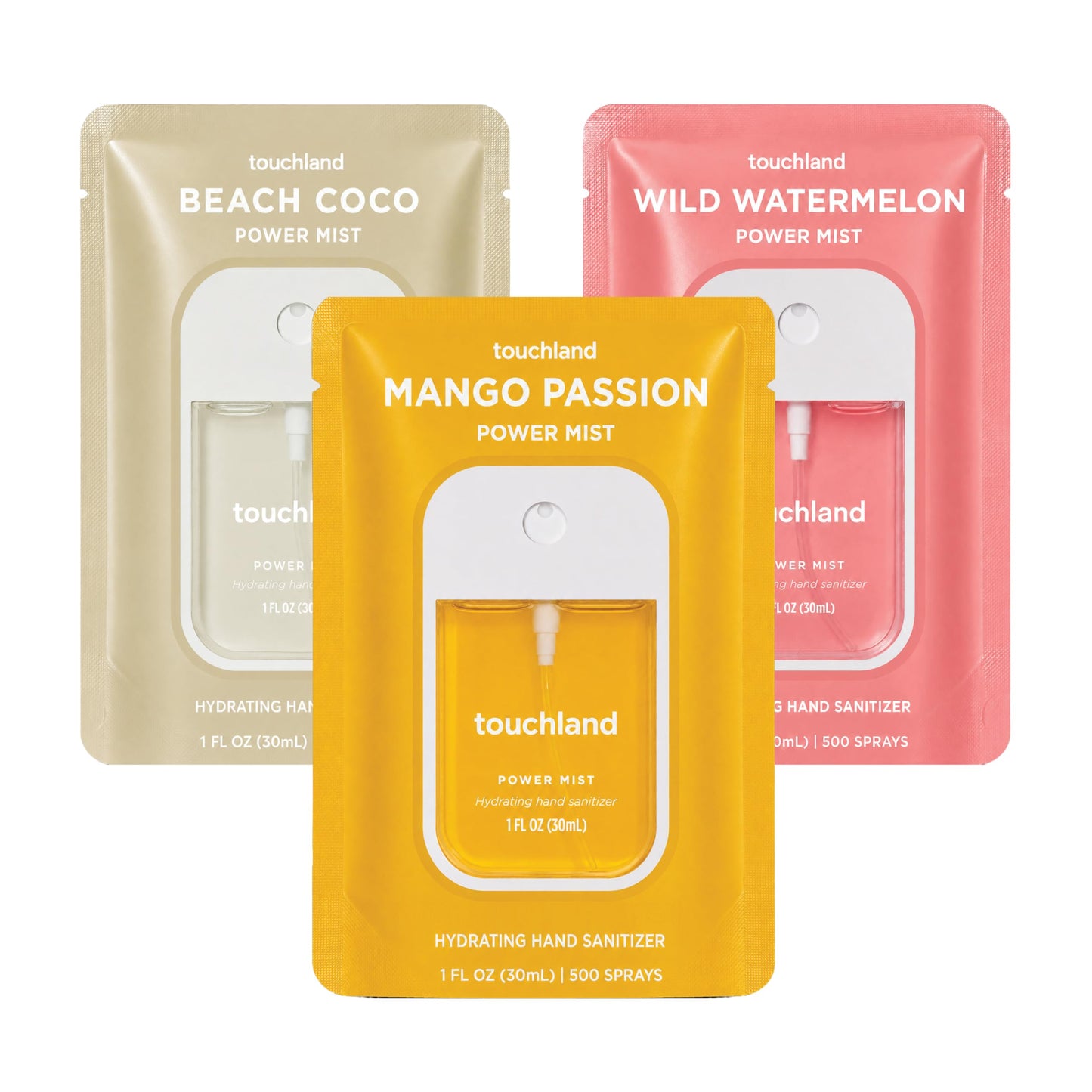 HotTouchland Dye Free Trio Hydrating Hand Sanitizer Spray Set Travel Size | TSA ready Power Mist with skincare benefits. Rainwater, Beach Coco and Unscented.