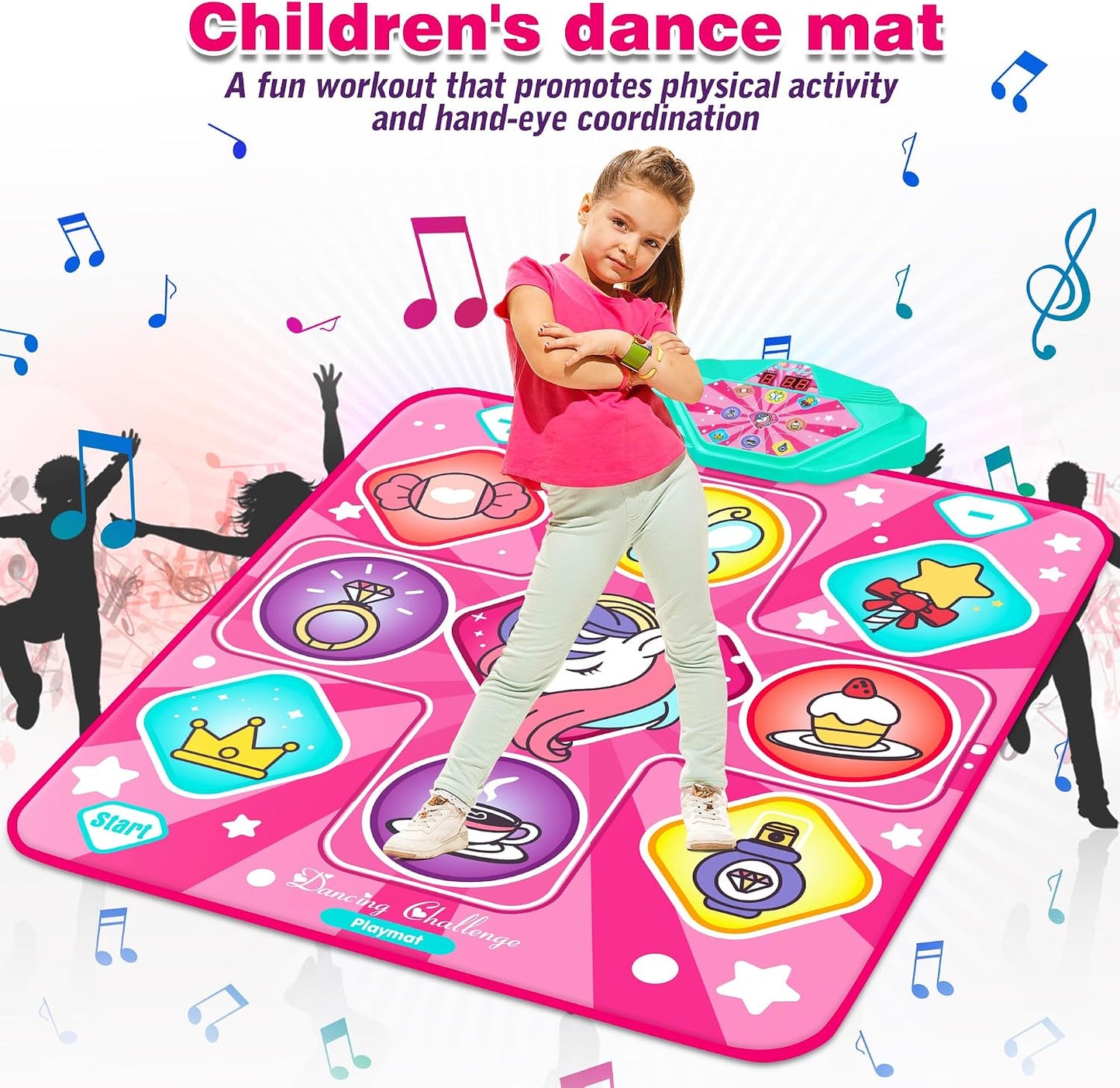 Hot Kusntin Dance Mat, Dance Mixer Rhythm Step Play Mat, Pink Dance Pad with LED Lights, Adjustable Volume, Built-in Music, 5 Game Modes, Xmas Birthday Gifts for 3-10 Years Girls Toys (Multicolor)