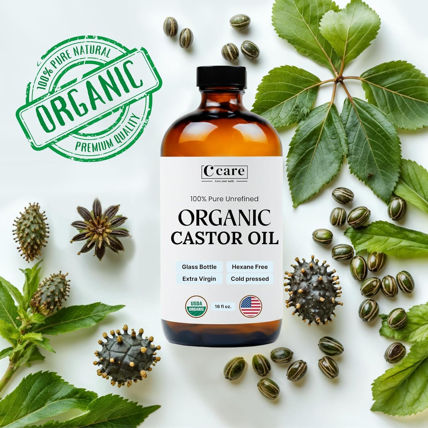 HotC CARE Castor Oil 100% Pure Organic Cold Pressed Unrefined Glass Bottle | USDA Certified Organic | Hexane Free Extra Virgin | For Hair Growth Eyebrows Eyelashes Skin and Castor Oil Pack Wrap | 16oz