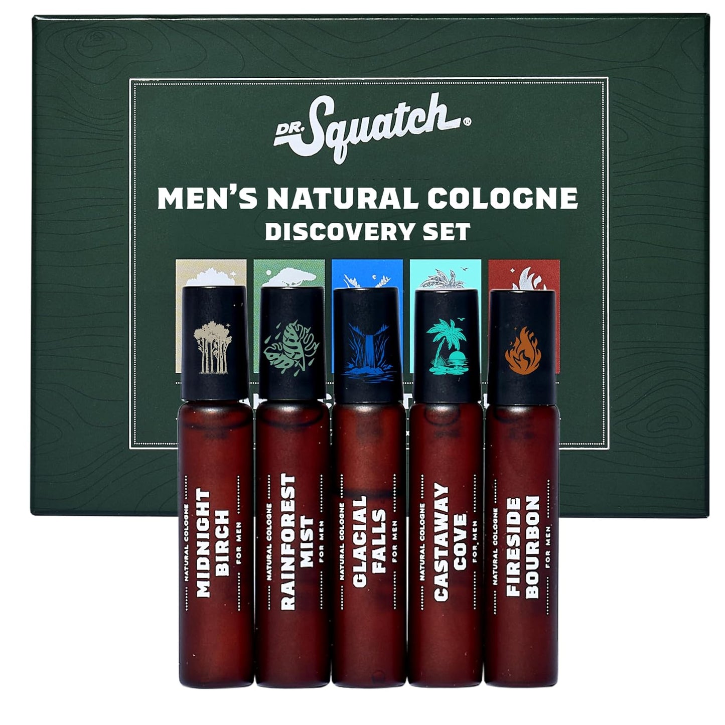 Hot Dr. Squatch Natural Cologne for Men - Mini Cologne Trial Set - Midnight Birch, Rainforest Mist, Glacial Falls, Castaway Cove, Fireside Bourbon (0.17 fl oz, 5-Pack)