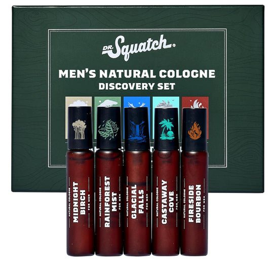 Hot Dr. Squatch Natural Cologne for Men - Mini Cologne Trial Set - Midnight Birch, Rainforest Mist, Glacial Falls, Castaway Cove, Fireside Bourbon (0.17 fl oz, 5-Pack)