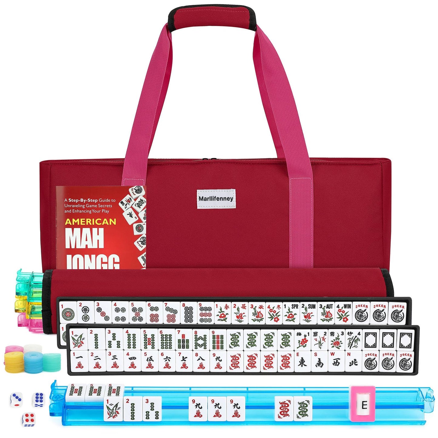 Hot American Mahjong Tile Set,166 White Tiles Mahjong Set,4 Colors Mahjong Racks,Travel Mahjong Set with Blue Carrying Bag