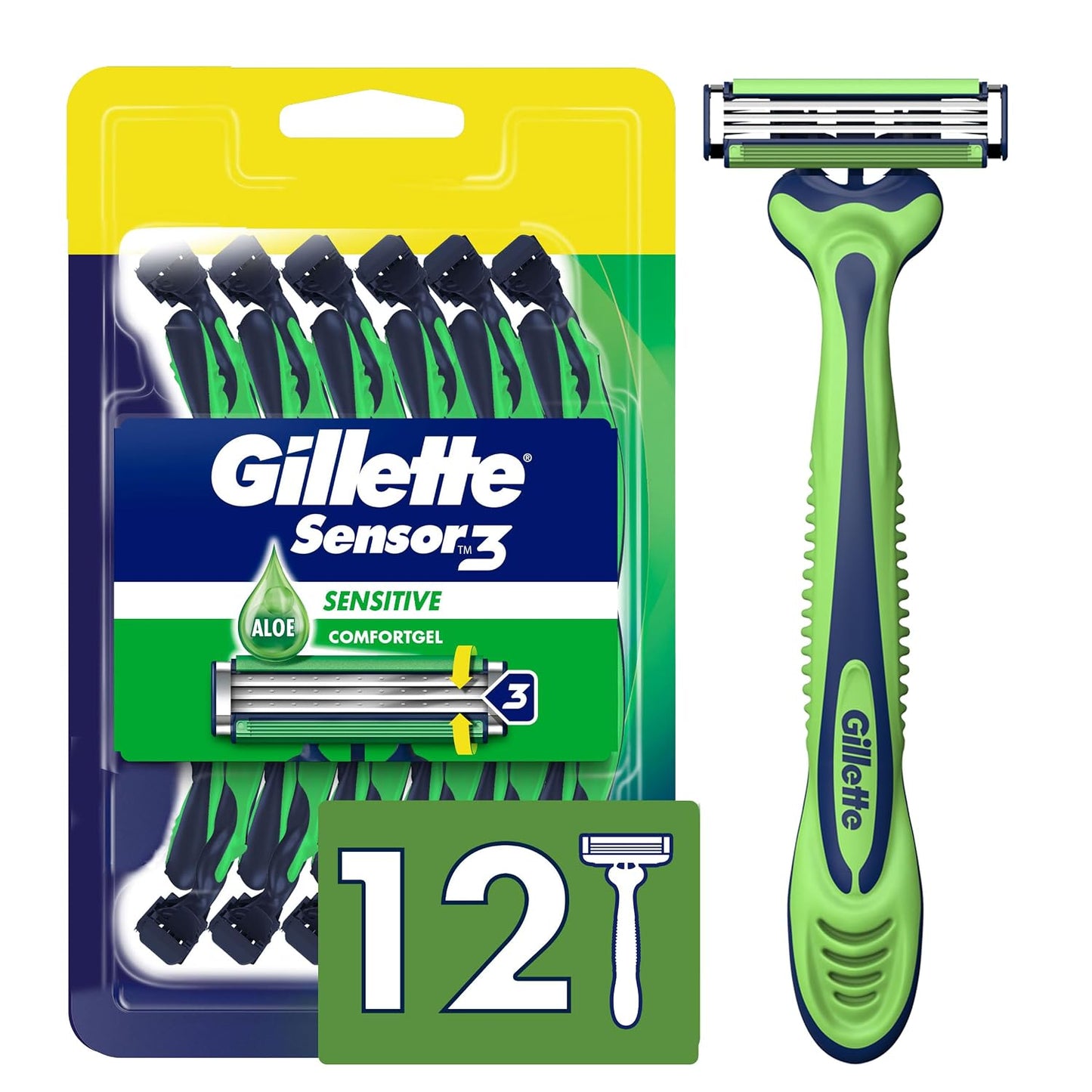 HotGillette Sensor3 Sensitive Men's Disposable Shaving Razors, 12 Count