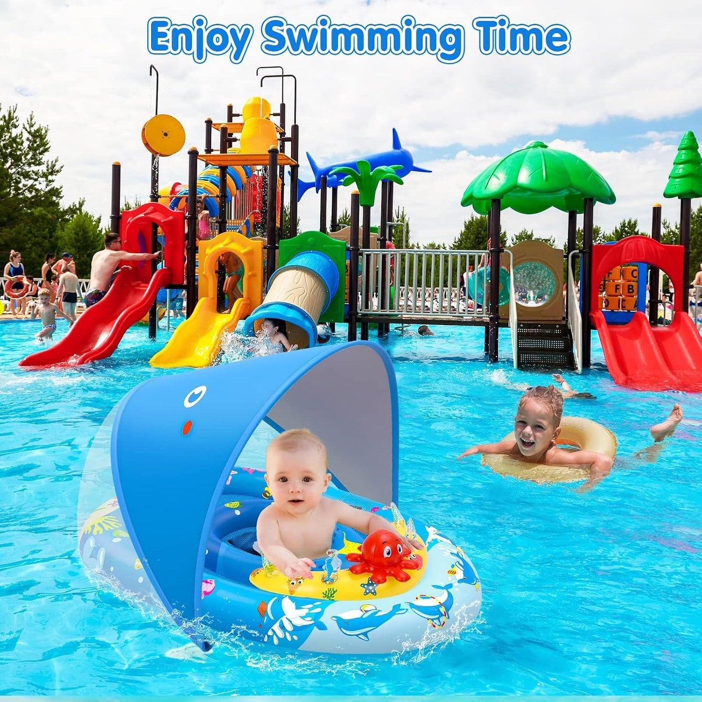 HotEZIGO Baby Pool Float with Canopy UPF50+ Sun Protection, Inflatable Kids Pool Floats with Ocean Animal Toys for Baby 6-36 Months, Infant Swimming Float with Adjustable Safety Seat for Boys Girls