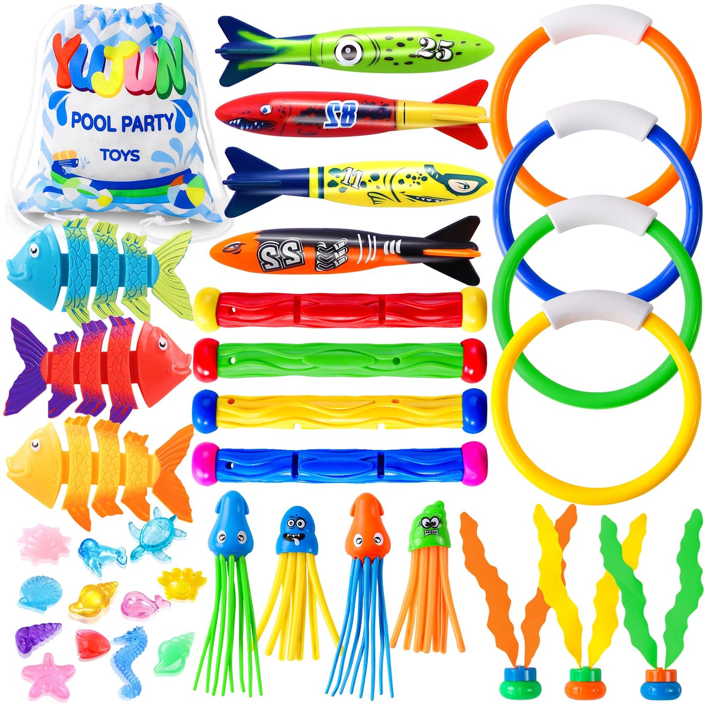 HotYUJUN 18PCS Pool Diving Swimming Toys, Summer Underwater Game Toys with Pool Fishes Dive Sticks Rings Gems Storage Bag for Kids Swim Birthday Party Favors