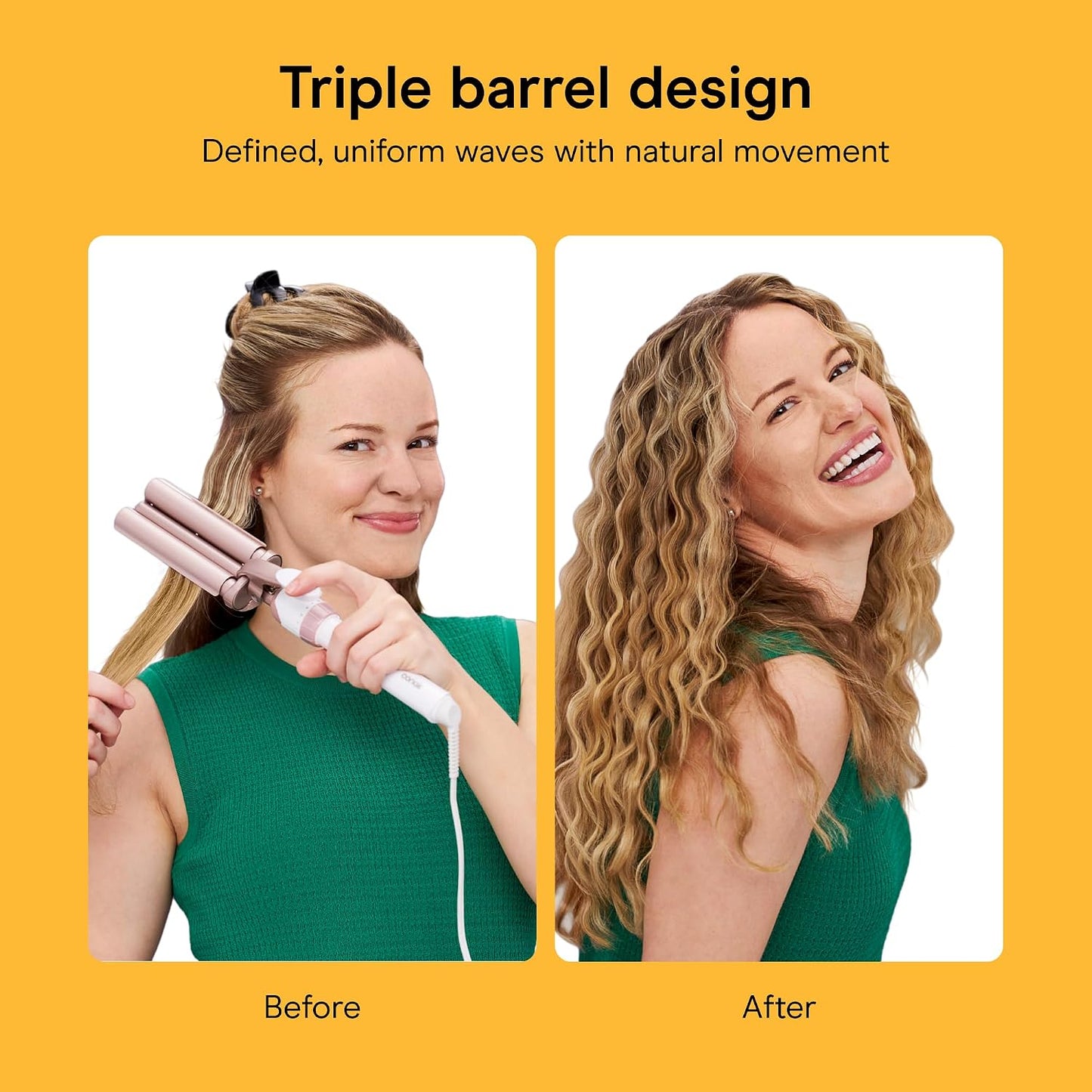 HotConair Curling Iron & Waver Hair Tool, Triple Barrel, White/Rose Gold | Double Ceramic Conair curling iron with 5/8" outer barrels, a 1/2" inner barrel, 30 heat settings, and auto-off function