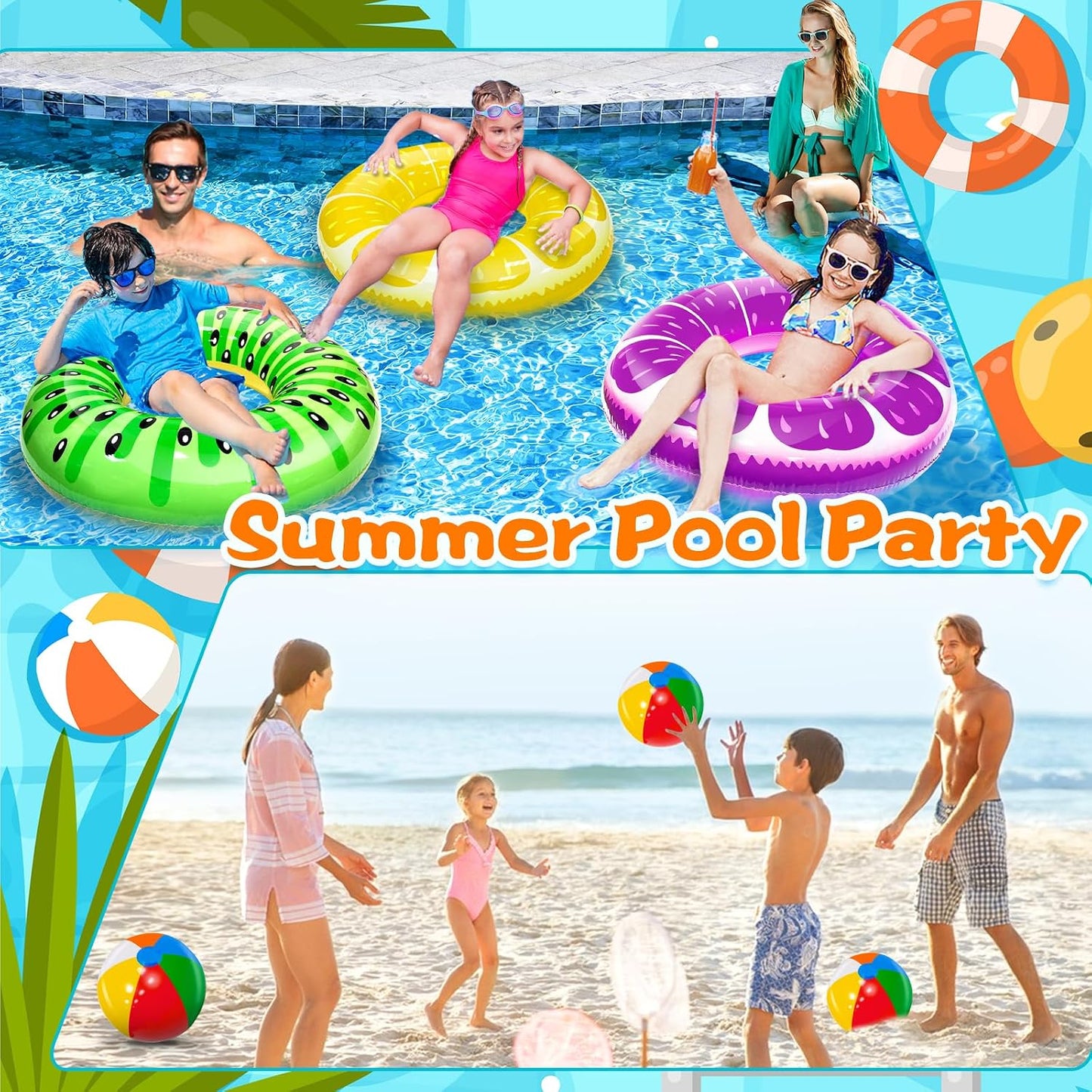 Hot 6 Pack Inflatable Pool Floats, 3 Pcs Inflatable Fruits Swim Tubes Rings & 3 Pcs Rainbow Beach Ball, Summer Pool Floaties for Kids Teens Adults Swimming Float Toy Hawaiian Party Beach Water Fun Game