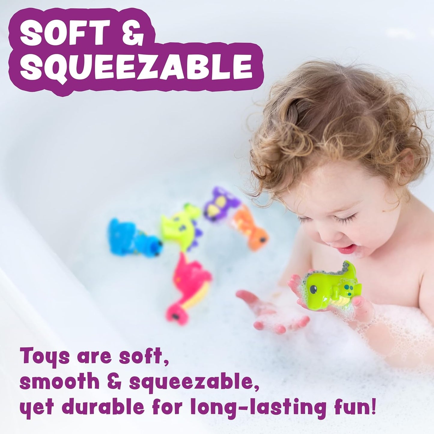 HotTub Works® Dinosaur Mold Free Bath Toys, 6 Pack | Sealed, No Hole Bath Toys Design Keeps Moisture Out | Soft, Squeezable & Float on Water | Easy-Grip Baby & Toddler Bath Toy Set | Great Baby Pool Toys