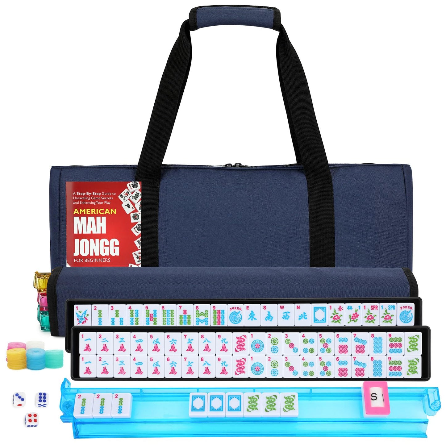 Hot American Mahjong Tile Set,166 White Tiles Mahjong Set,4 Colors Mahjong Racks,Travel Mahjong Set with Blue Carrying Bag