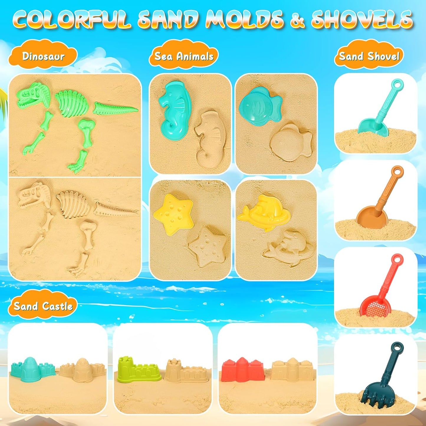 HotHUITEM Beach Sand Toys for Kids, 29PCS Sandbox Toys with 2 Collapsible Bucket Sand, 2 Dump Truck, Dinosaur Molds, Castle Building Kit, Shovel Sieve,Flags,Mesh Bag Travel Beach Toys for Toddler 3-10