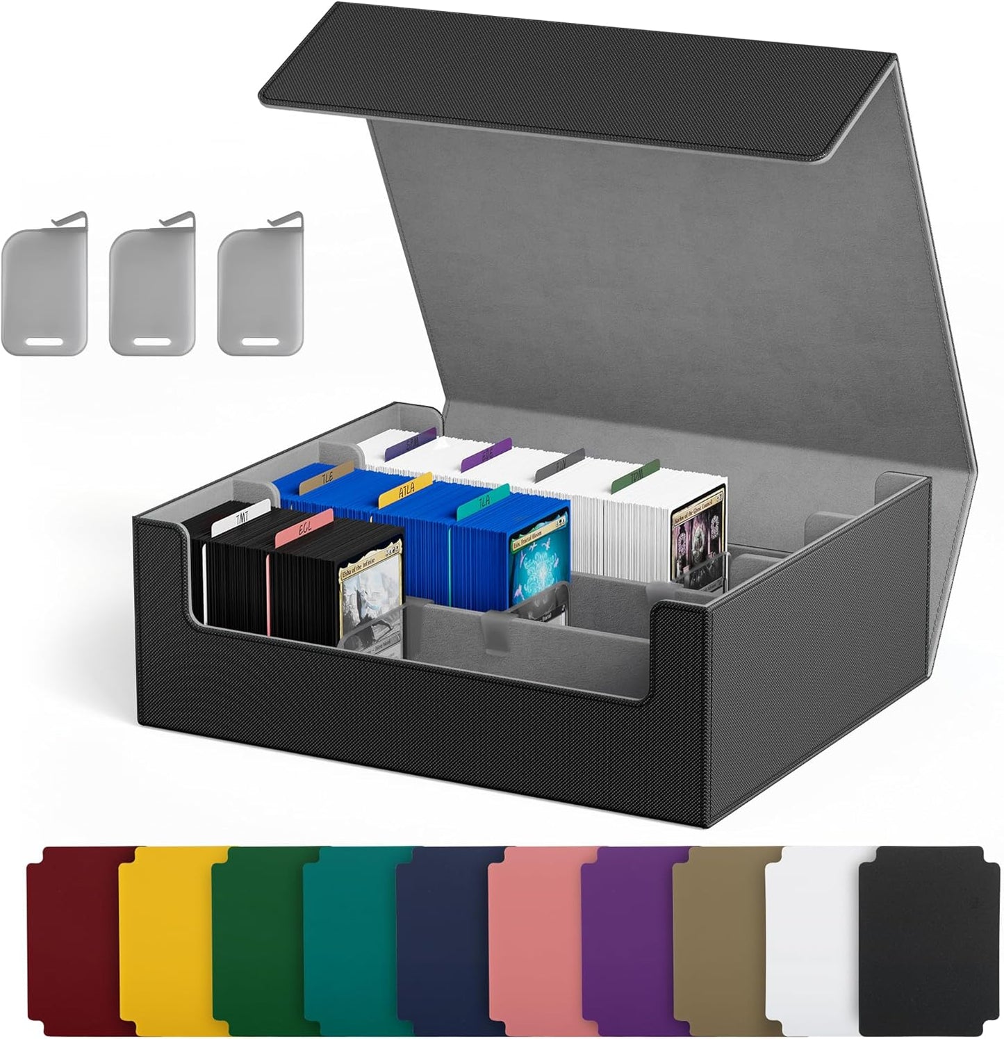 Hot UAONO Trading Card Storage Box, Holds 1800 Sleeved Cards with 10 Dividers & 3 Stoppers, Magnetic Closure PU Leather Card Case for MTG, PTCG, YGO, Sports Cards (Black)