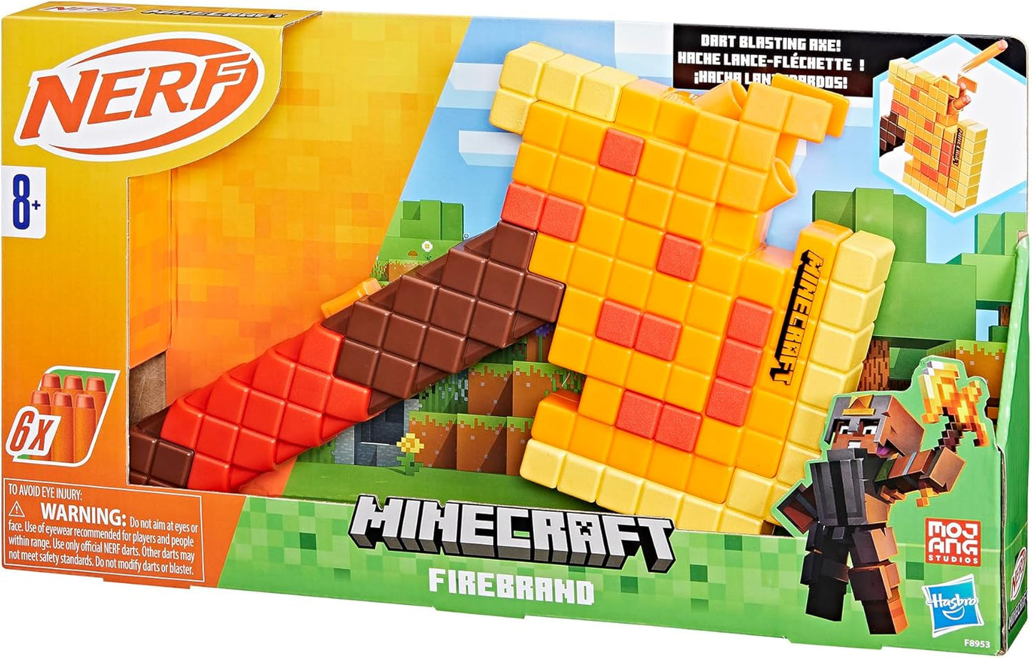 Hot NERF Minecraft Firebrand, Dart Blasting Axe, 6 Elite Foam Darts, Design Inspired by Minecraft Axe in The Game, Pull Down Priming, Minecraft Toys