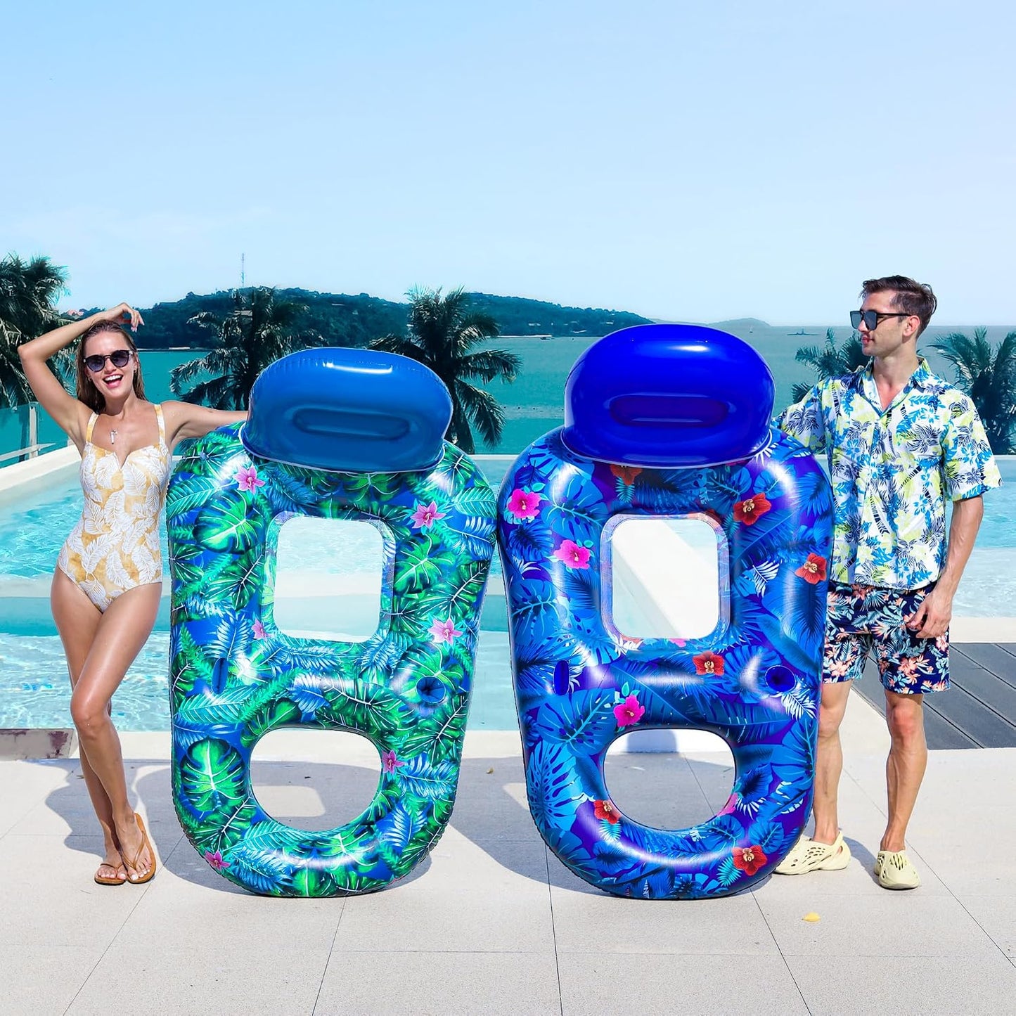 HotFindUWill Pool Floats Chairs Adult - 2 Pack 65'' x 42'' Large Pool Float Chairs, Inflatable Pool Lounger with Cup Phone Holder, Backrest, Footrest, Tanning Pool Lounge