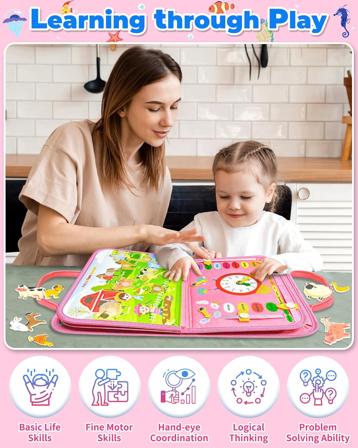 HotGojmzo Busy Board Montessori Toys for Toddler Girl Birthday Gifts, Busy Book Sensory Toys for Toddlers, Learning Educational Toddler Travel Activities