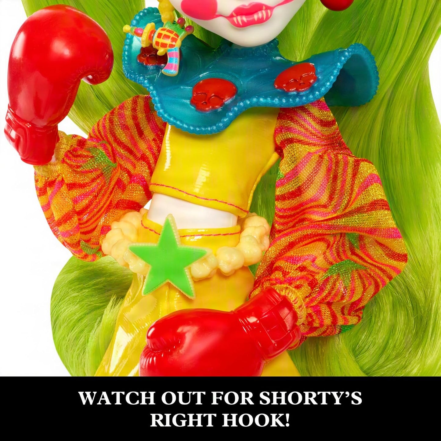 Hot Monster High Skullector Shorty Doll, Killer Klowns from Outer Space Collectible with Green Hair, Yellow Clown Clothes, Balloon Shoes and Doll Stand (Amazon Exclusive)
