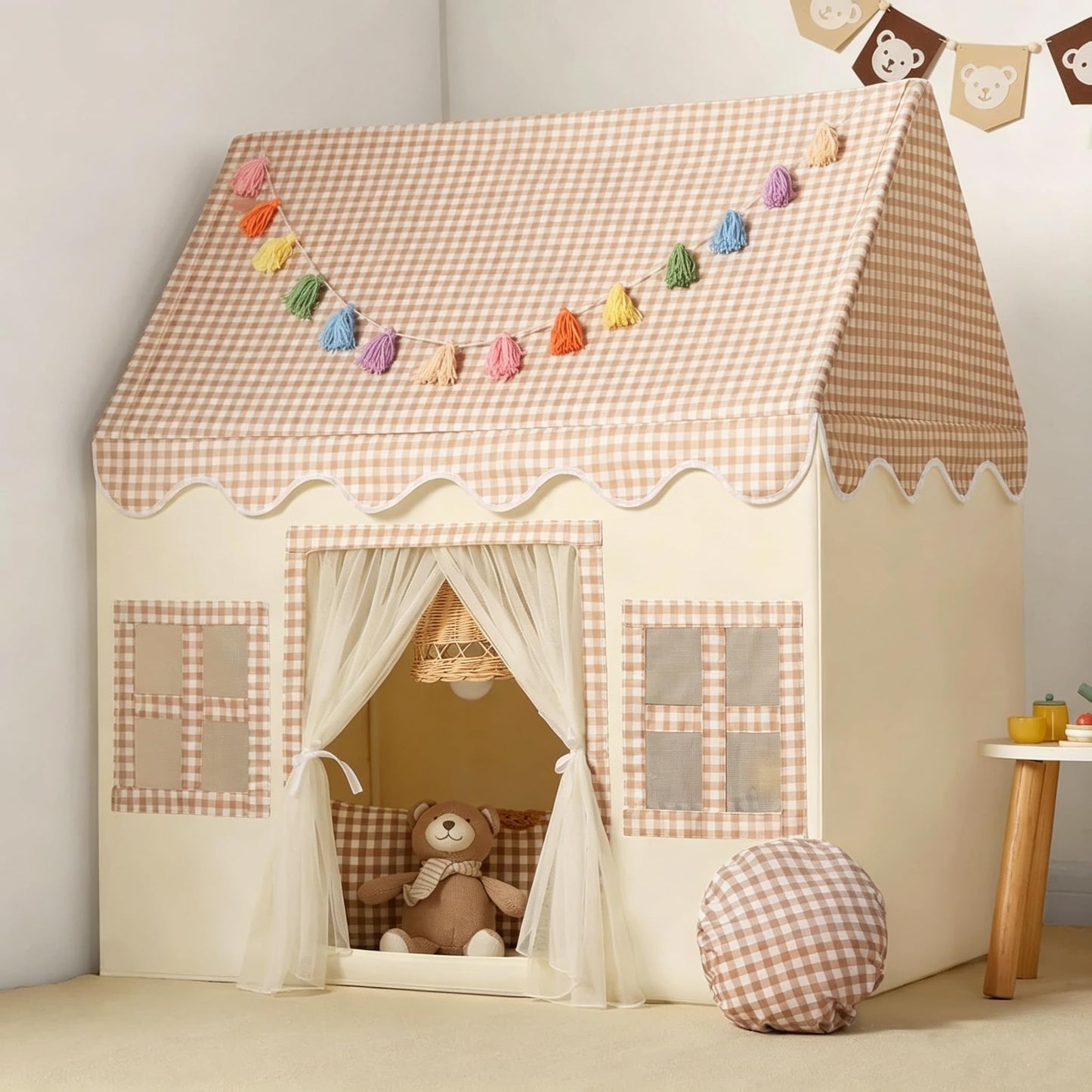 HotKids Play Tent Indoor: with Mat, Tassel Garland - Large Gray Kids Tent Indoor Playhouse for Kids Toys for Boy Girl Birthday Gift