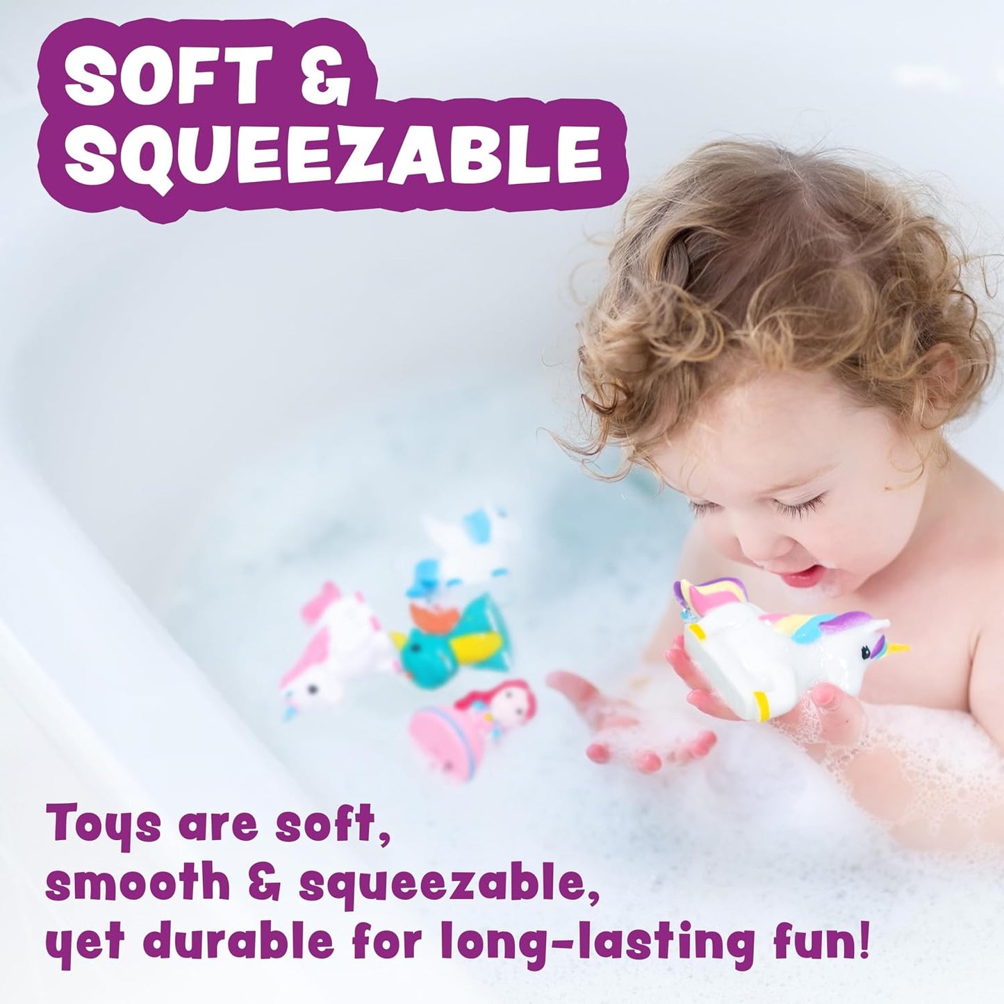HotTub Works® Fantasy Watertight Bath Toys, 6 Pack | Sealed, No Hole Bath Toys Design Keeps Moisture Out | Soft, Squeezable & Float on Water | Baby & Toddler Bathtub Toy | Unicorn Baby Girl Bathtub Toy