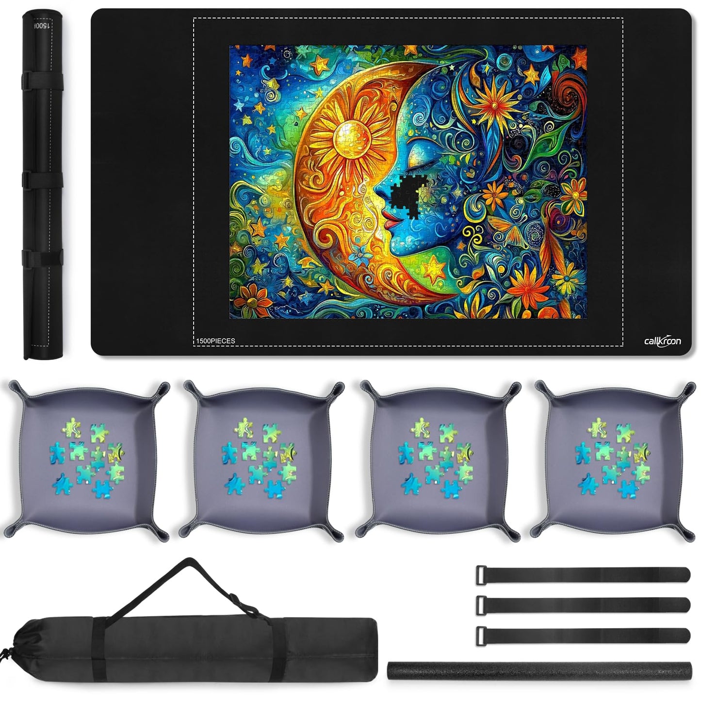 Hot Puzzle Mat Roll Up for 1500 Pieces, Felt Puzzle Board Alternative Gift Set with 4 Sorting Trays and Inflatable Tube, Premium Puzzle Saver Mat for Storage, Portable Puzzle Rolling Mat
