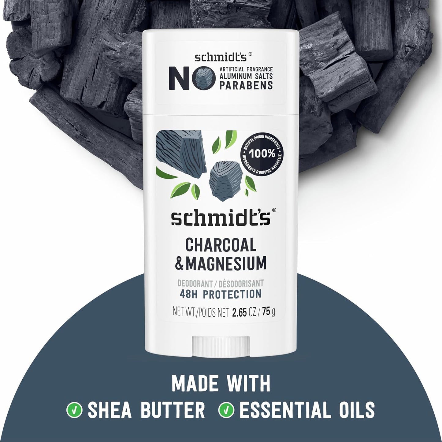 HotSchmidt's Aluminum-Free Vegan Deodorant Charcoal & Magnesium with 24 Hour Odor Protection, for Women and Men, Natural Ingredients, Cruelty-Free, 2.65 oz