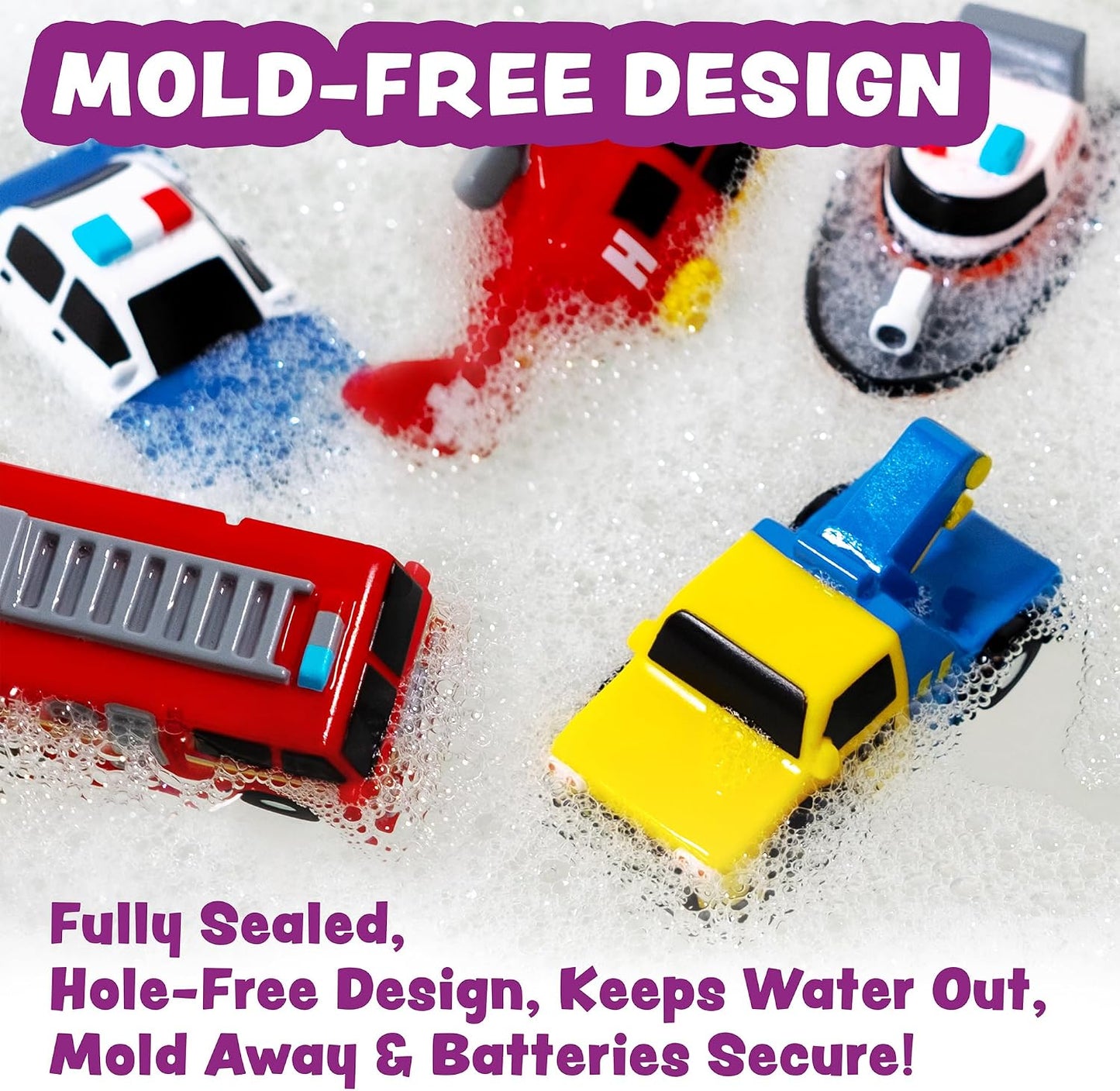 HotTub Works® Emergency™ Cars Light Up Bath Toys, 6 Pack | Water-Activated Light Up Toys Flash & Change Color | Soft, Squeezable Baby & Toddler Bath Toys | Sensory Toys with Bath Lights for Kids Bath