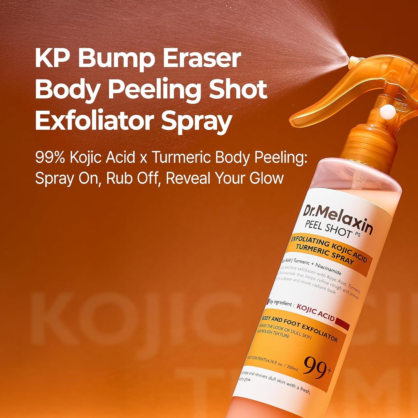 HotDr.Melaxin Peel Shot Kojic Acid Turmeric Body Exfoliator Spray 6.76 fl.oz - AHA PHA Niacinamide Body Scrub for KP Bumps, Dark Spots, Uneven Skin Tone, Dead Skin, Korean Skin Care