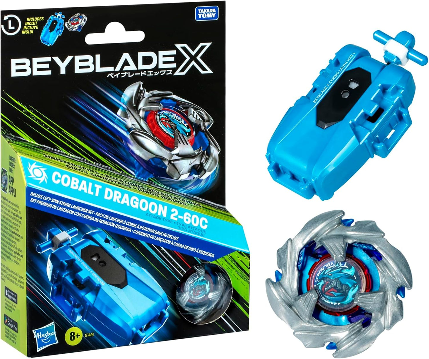 HotBeyblade X Cobalt Dragoon 2-60C Deluxe Left-Spin String Launcher Set with Attack Type Top Left-Spinning Top Toy; Great Gift for 8 Year Old Boys and Girls