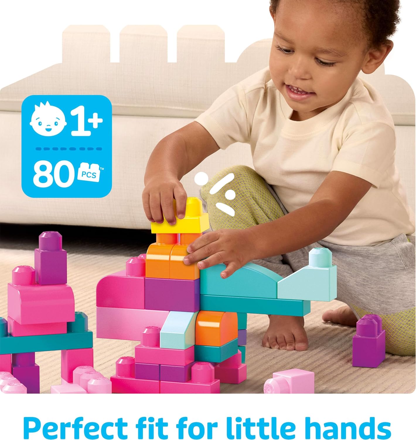 HotMEGA BLOKS First Builders Toddler Blocks Toys Set, Big Building Bag Collection with 80 Pieces and Storage, Pink, Ages 1+ Years