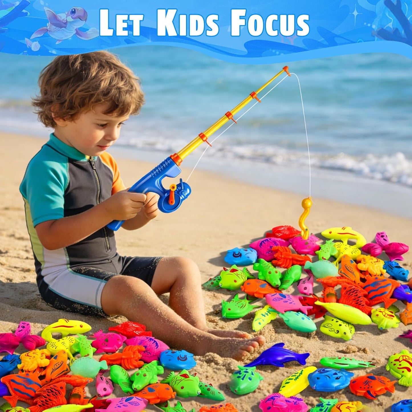 Hot CozyBomB™ Magnetic Fishing Toys Game Set for Kids | Water Table Bathtub Kiddie Pool Party Pole Rod Net, Outdoor Plastic Floating Fish, Toddler Bath Color Ocean Sea Animals Birthday Gift Age 3-5 6 4-8