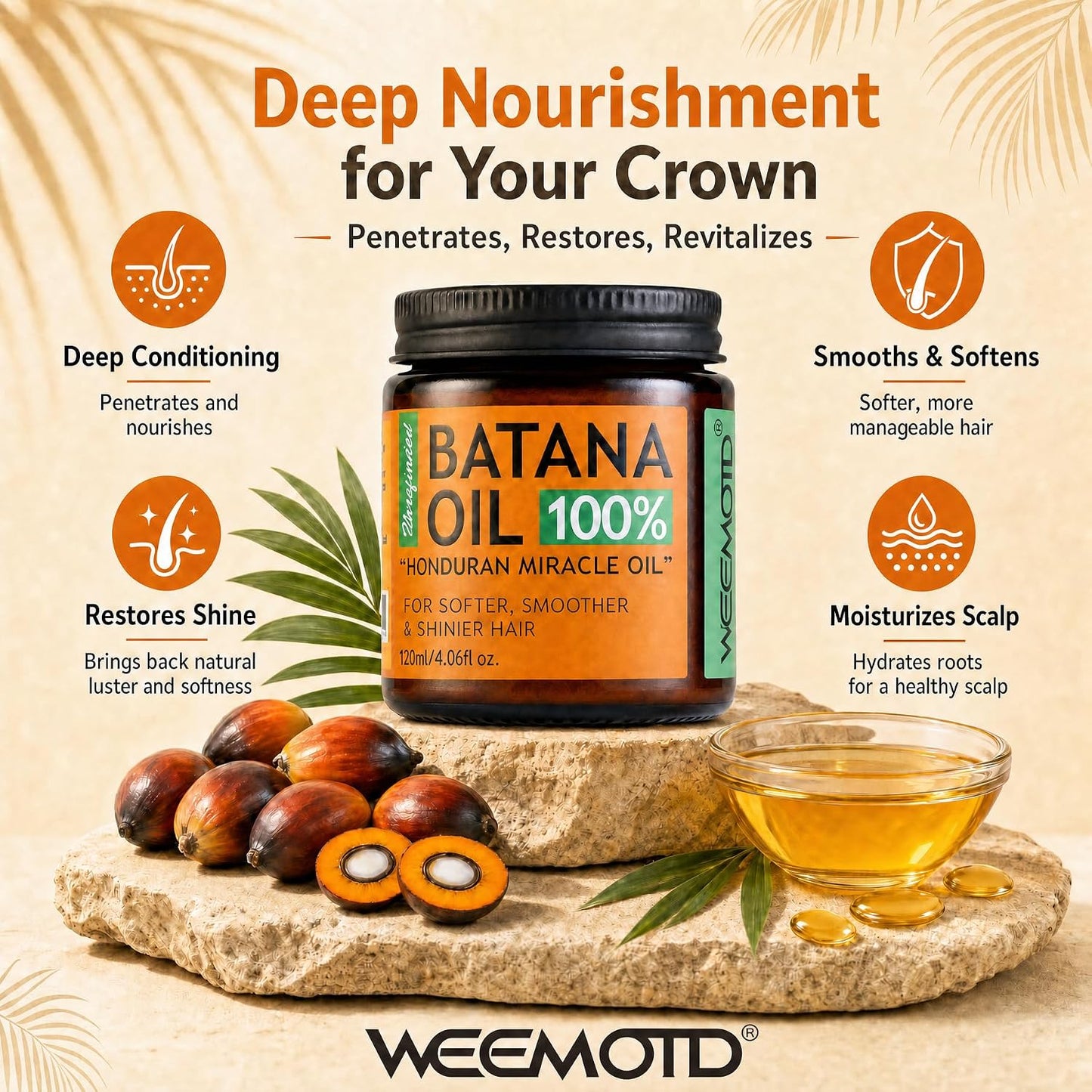 HotWEEMOTD 100% Raw Batana Oil for Hair, Unrefined Conditioning Scalp Oil from Honduras, Moisturizing Hair Mask, Adds Shine & Softness for Men & Women (4.06 Fl Oz, Bright Coffee)