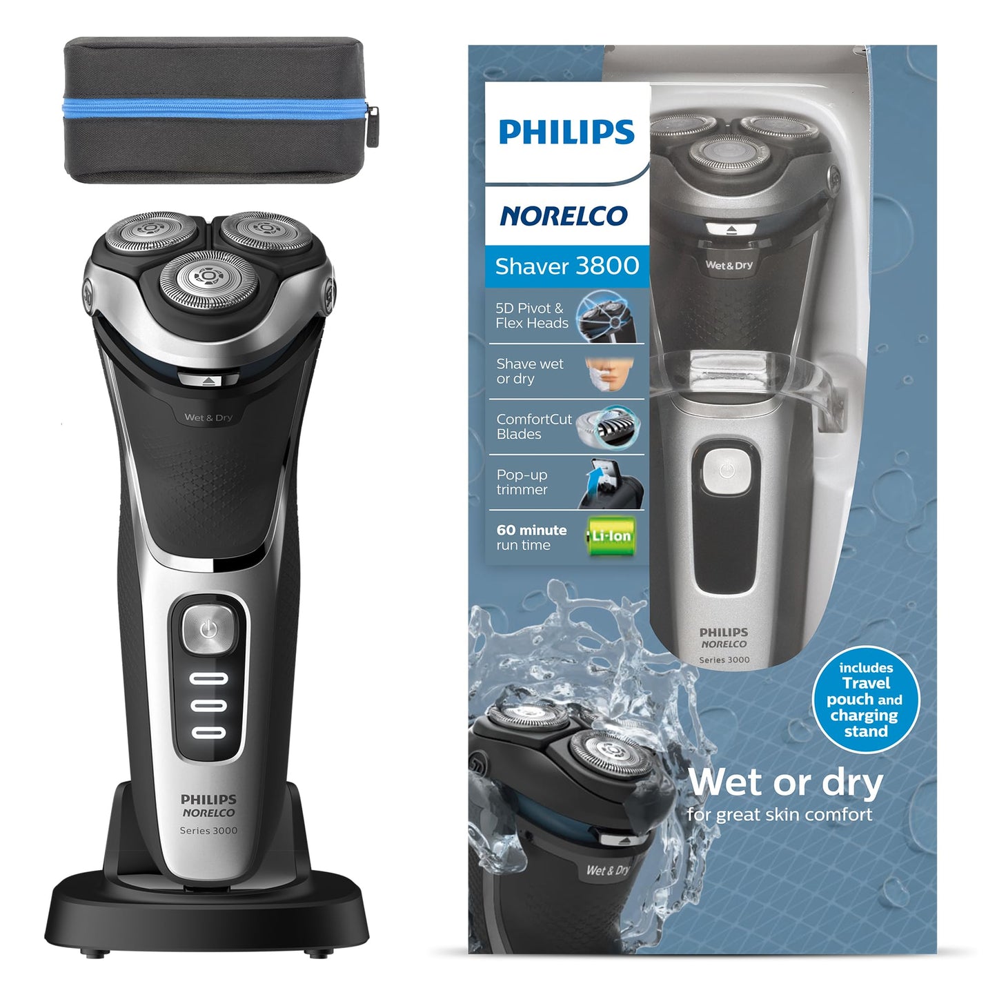 HotPhilips Norelco Shaver 3900 Series, Wet and Dry Electric Shaver, P-Cap, Travel Pouch, Charging Stand, Storm Blue, Model S3341/92