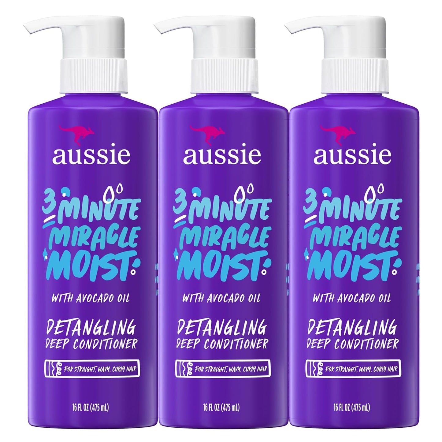 HotAussie 3 Minute Miracle Moist Deep Conditioner for Dry Hair, Avocado & Jojoba Oil, Safe for Color Treated Hair, Nourishing Hydration, Silky Shine, Paraben-Free, 16 Fl Oz Each, Triple Pack