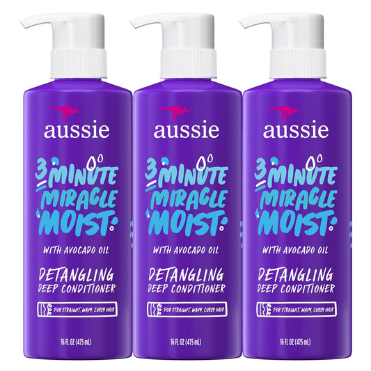 HotAussie 3 Minute Miracle Moist Deep Conditioner for Dry Hair, Avocado & Jojoba Oil, Safe for Color Treated Hair, Nourishing Hydration, Silky Shine, Paraben-Free, 16 Fl Oz Each, Triple Pack