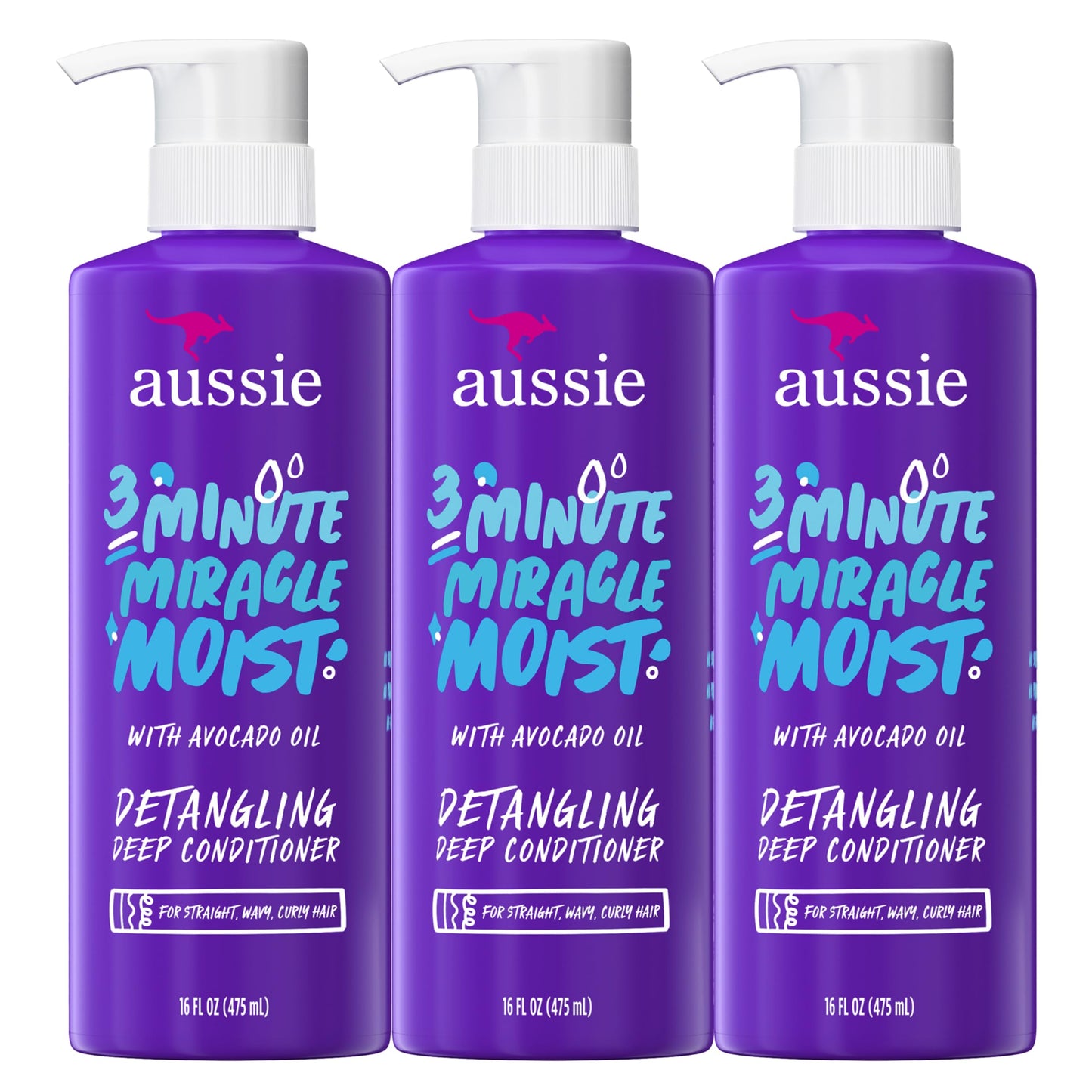 HotAussie 3 Minute Miracle Moist Deep Conditioner for Dry Hair, Avocado & Jojoba Oil, Safe for Color Treated Hair, Nourishing Hydration, Silky Shine, Paraben-Free, 16 Fl Oz Each, Triple Pack