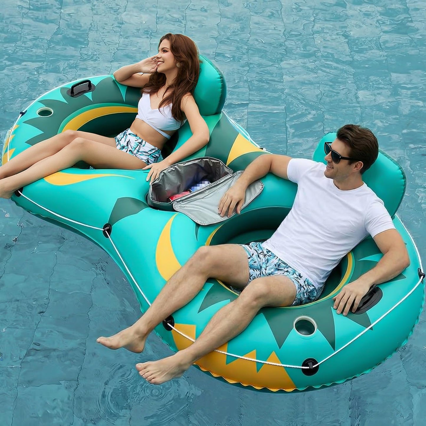 Hot Jasonwell Heavy Duty 2 Person Inflatable River/Pool Tube Float with Removable Cooler, Tubes for Lake, Floating River Raft Lounge Floatie with 2 cup Holders For Adults, Cyan
